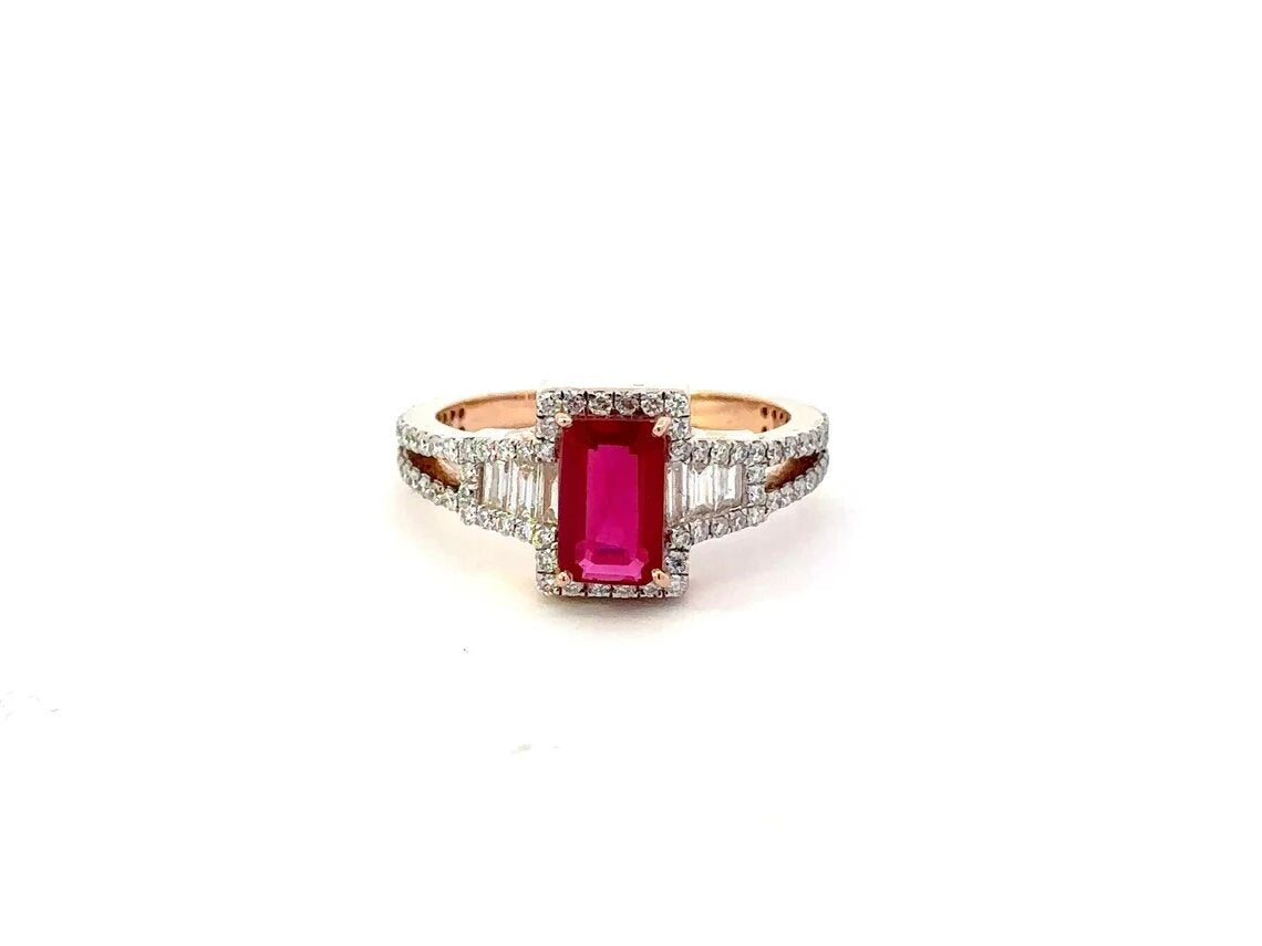 14K Rose Gold Emerald-Cut Ruby Ring with Baguette and Round Diamond Accents