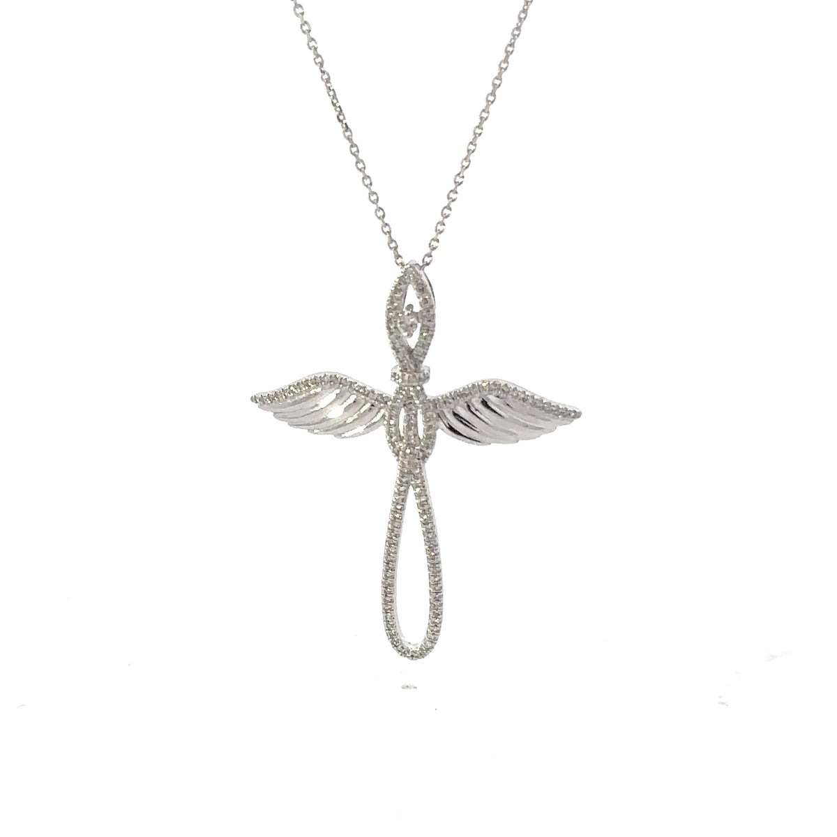 14K White Gold Diamond Angel Wing Cross Necklace