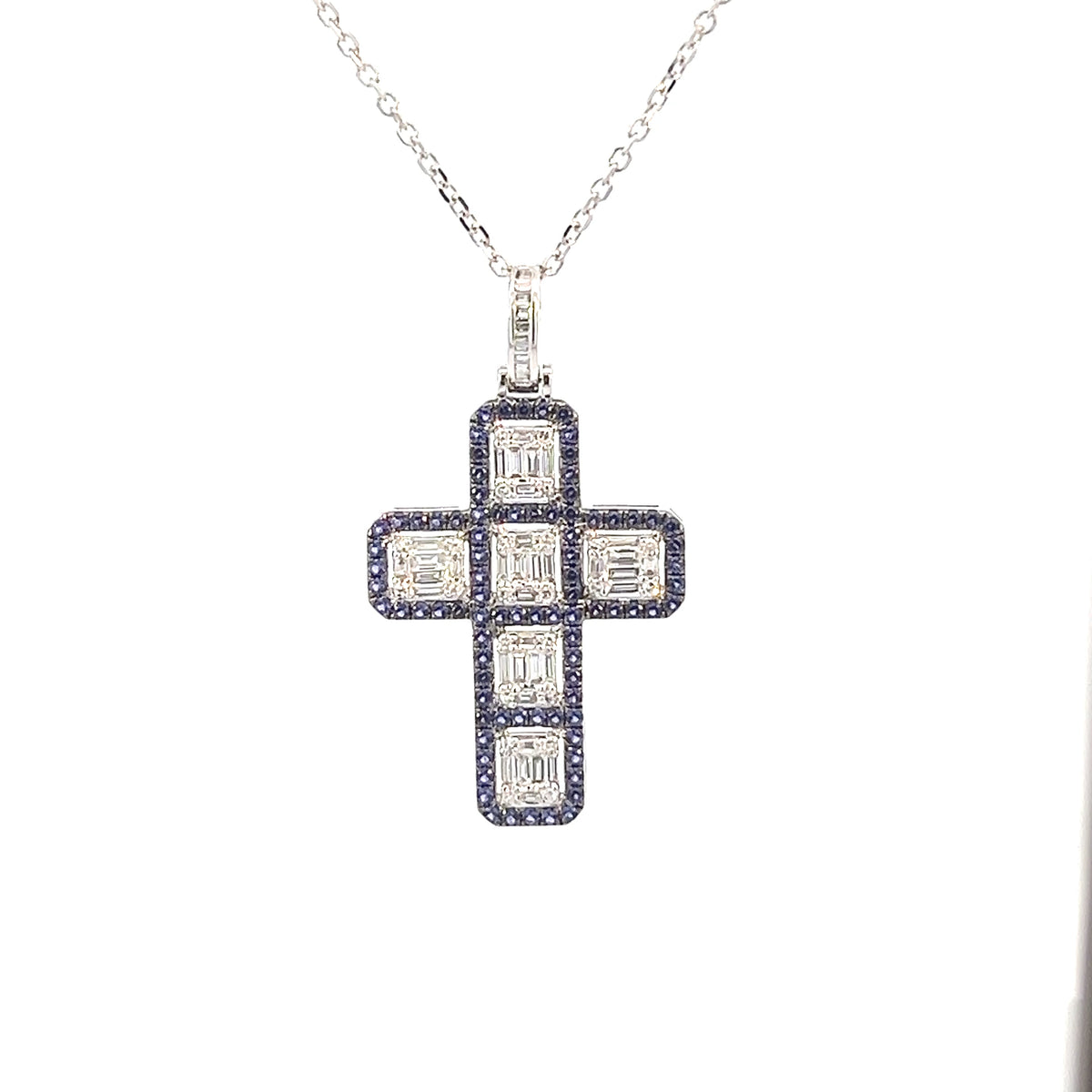 14K White Gold Diamond and Sapphire Cross Pendant