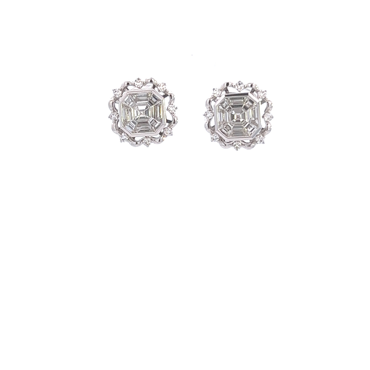 18K White Gold Floral Diamond Earrings with Emerald Cuts