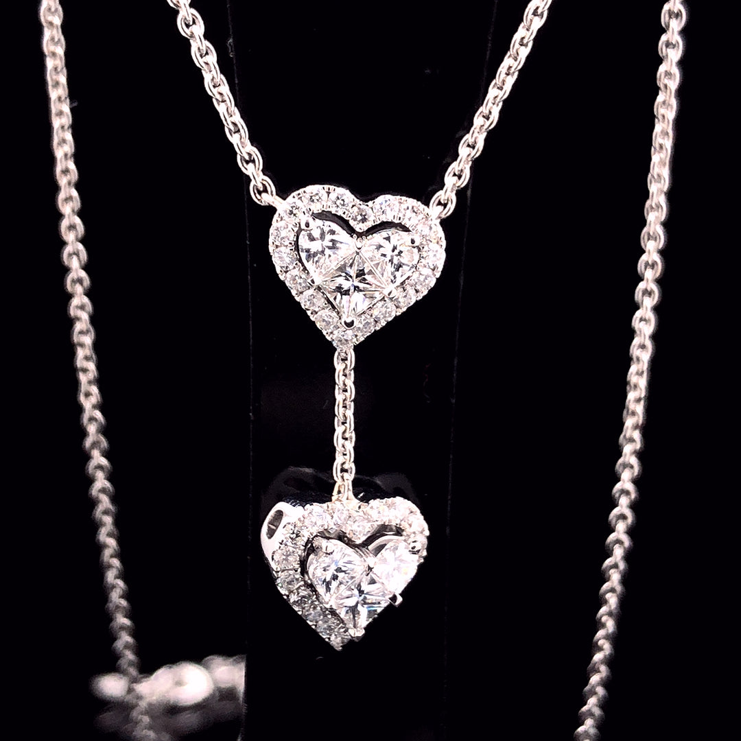 Round & Heart Illusion Cut Halo Pattern Diamond Adjustable Gold Necklace