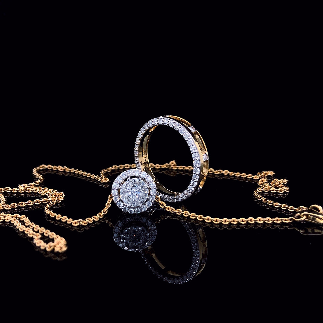 Round Illusion Cut Halo Pattern Charm Diamond Gold Necklace
