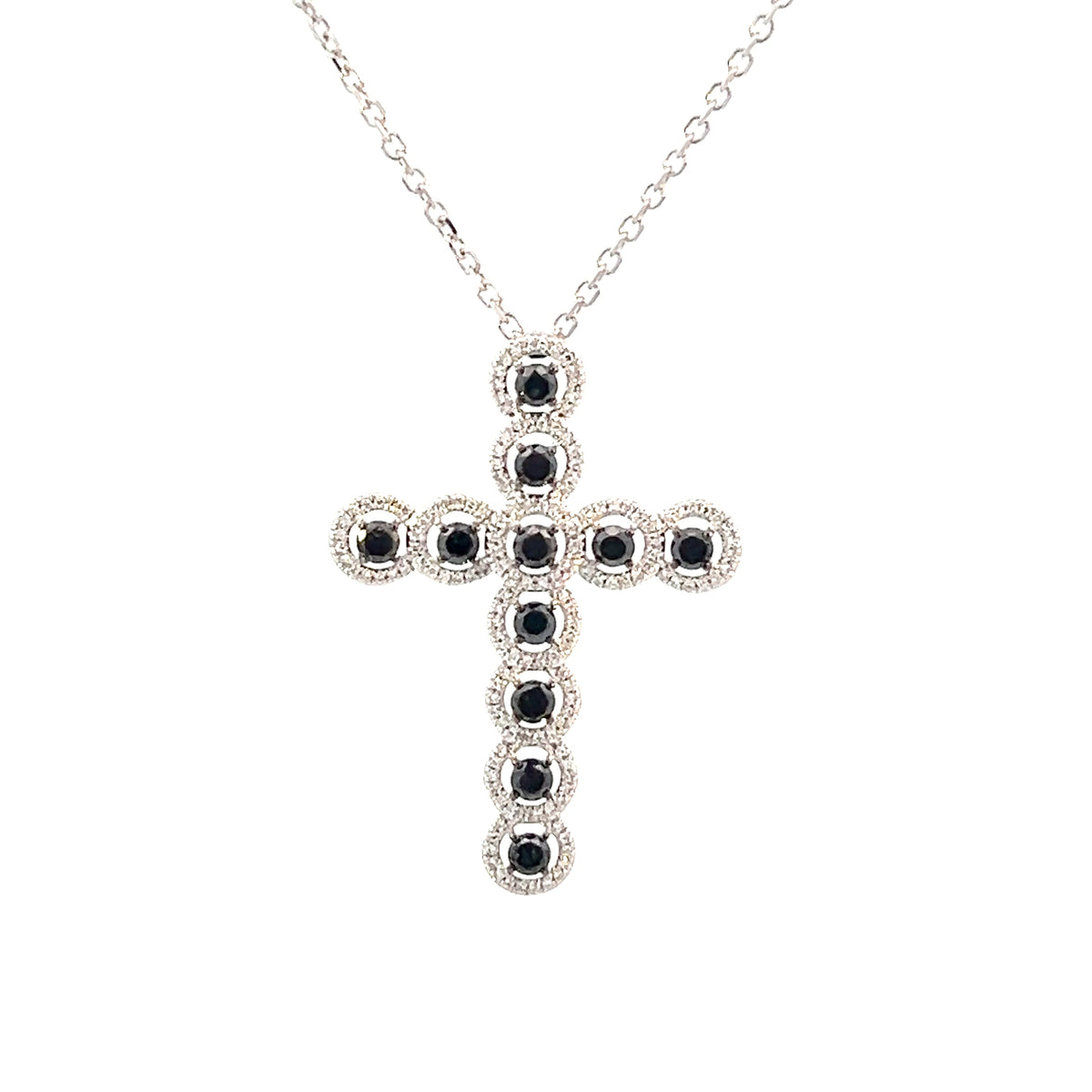 14k White Gold Cross Pendant with Black & White Diamonds