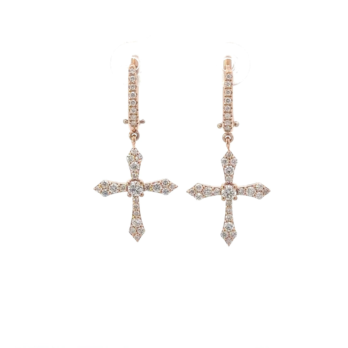 18k Rose Gold Dangle Cross Earrings