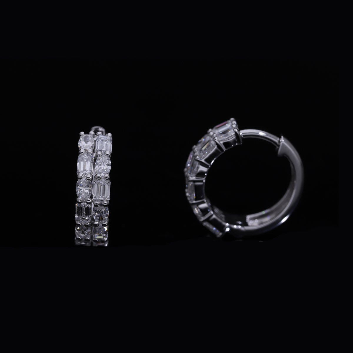 1.60 Ct White Emerald & Oval Cut Labgrown Diamond Double Row Hoop Earrings | 14k White / Yellow / Rose Gold