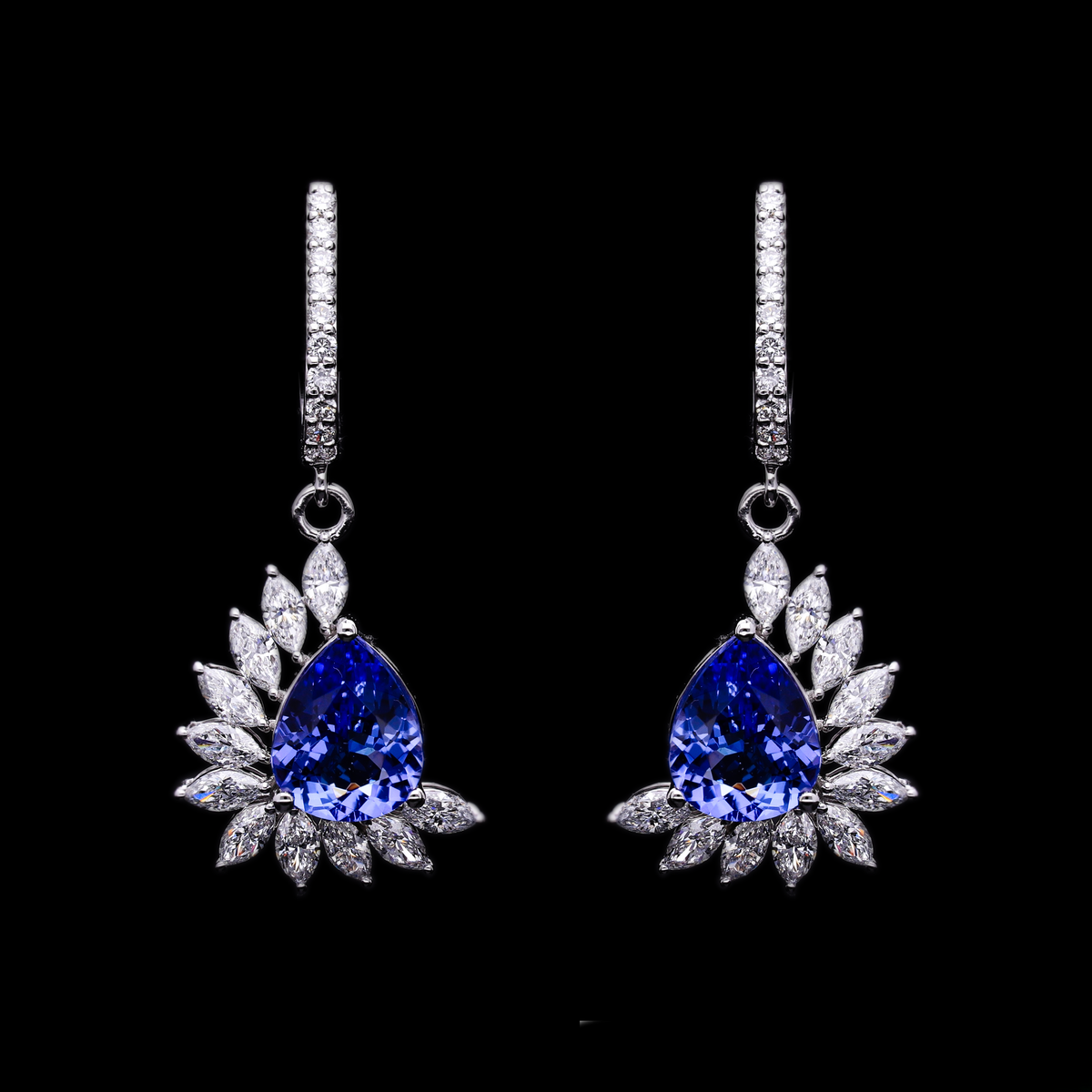 3.20 Ct Tanzanite Pear & 1.60 Ct White Marquise And Round Lab-Grown Diamond Drop Earrings | 14k White / Yellow / Rose Gold