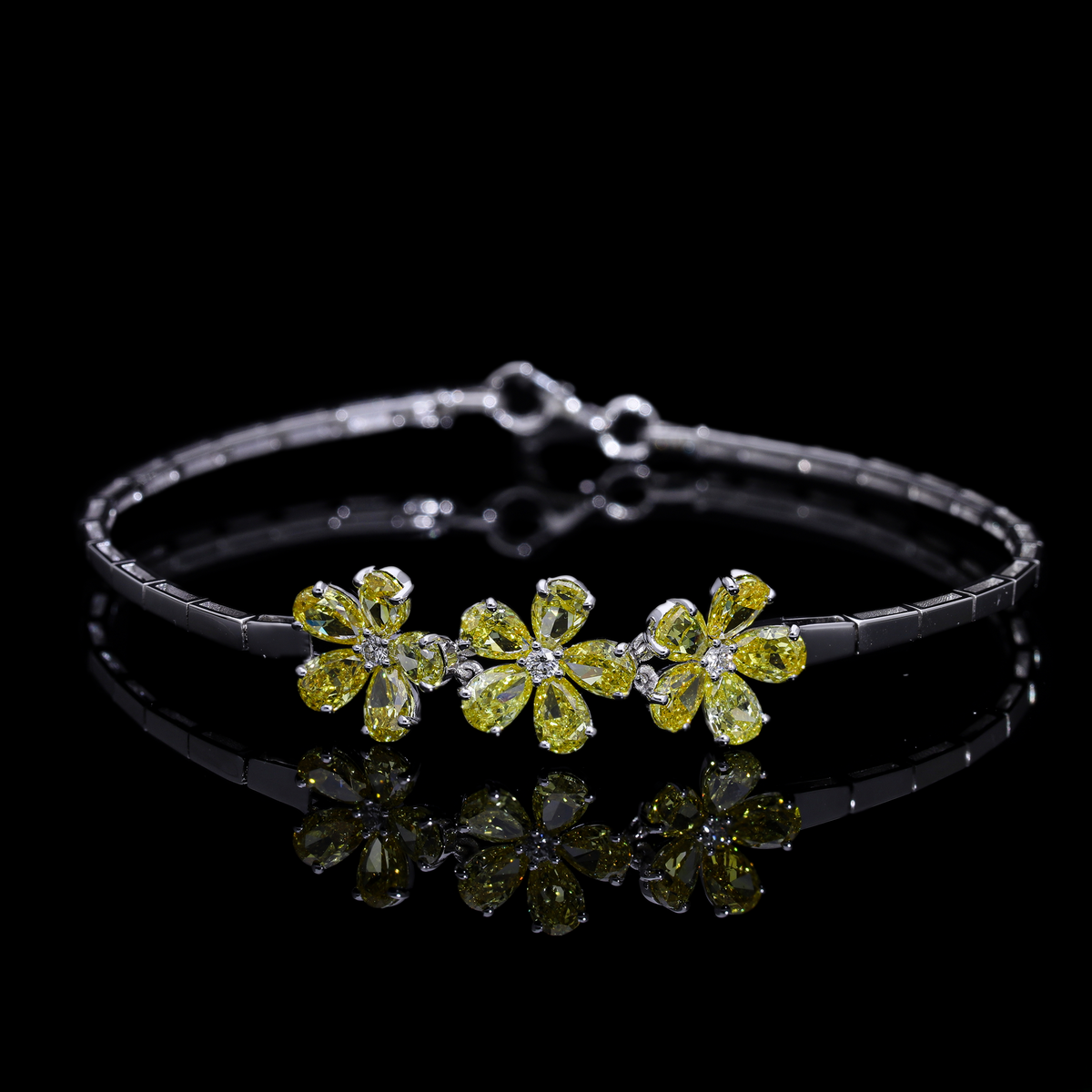 4.60 Ct Yellow Pear & White Round Cut Lab-Grown Diamond Floral Bracelet | 14k White / Yellow / Rose Gold