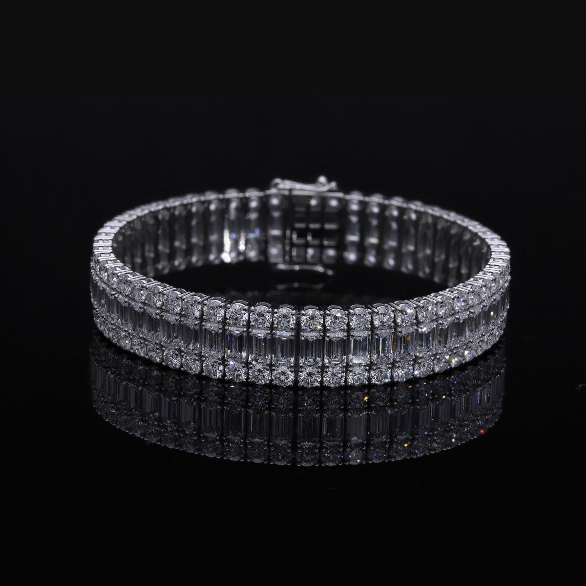 29.20 Ct White Emerald & Round Cut Lab-Grown Diamond Statement Bracelet | 14k White / Yellow / Rose Gold