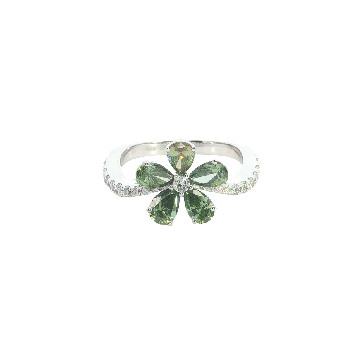 14kt White Gold Green Color pear with Round Brilliant cut Lab grown Diamond Engagement Ring