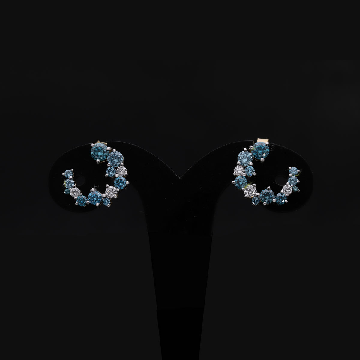 2.20 Ct Blue & White Round Cut Lab-Grown Diamond Crescent Earrings | 14k Yellow / White / Rose Gold