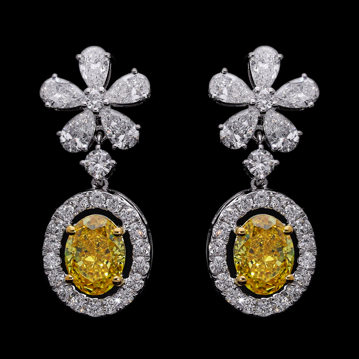 5.70 Ct Yellow Oval & White Pear Lab-Grown Diamond Floral Drop Earrings | 14k White / Yellow / Rose Gold