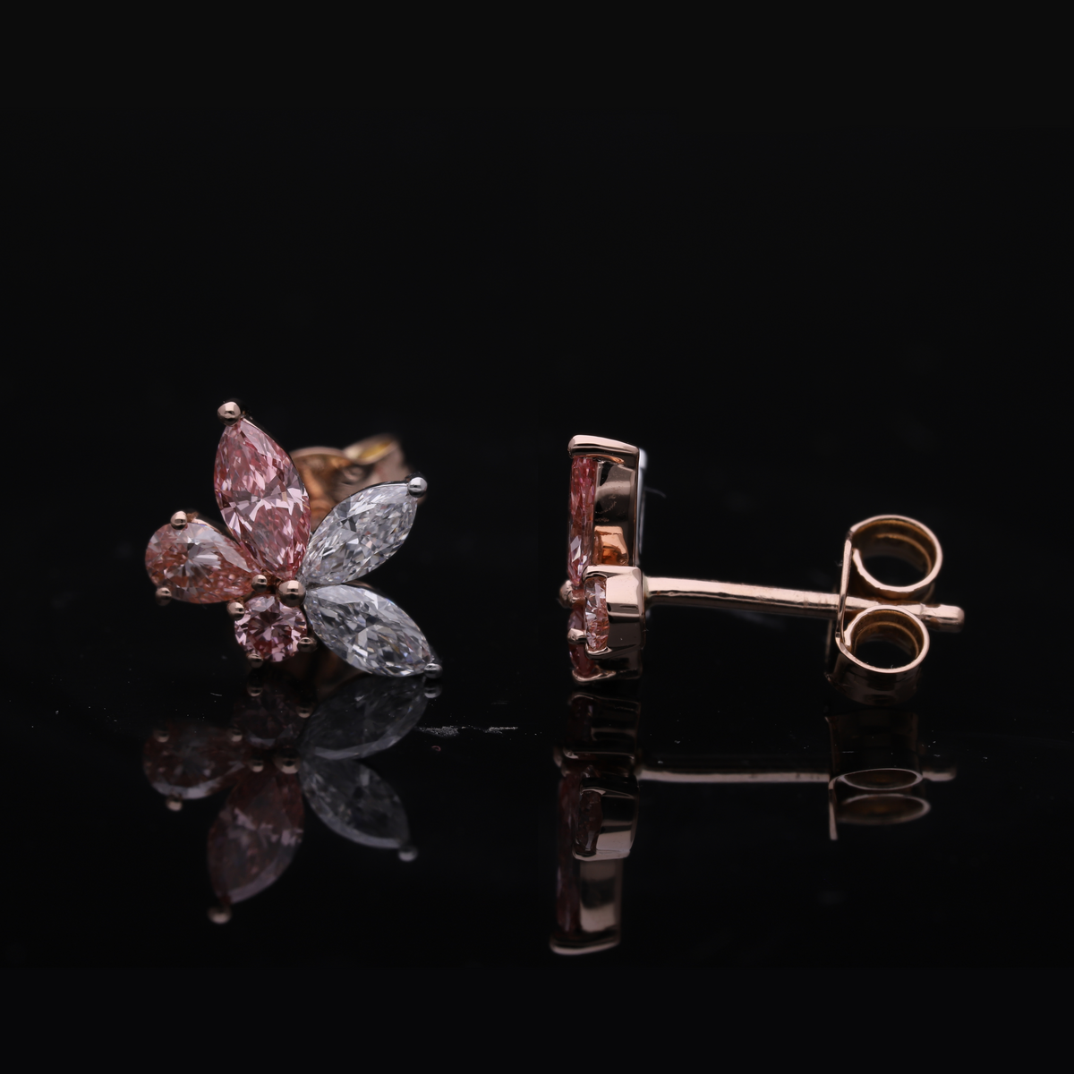 1.30 Ct Pink & White Marquise & Round Cut Lab-Grown Diamond Floral Earrings | 14k Rose / White / Yellow Gold