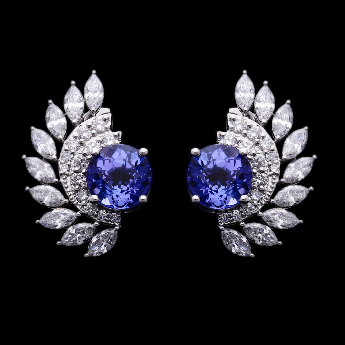 2.60 Ct Tanzanite Round & 1.50 Ct White Marquise And Round Cut Lab-Grown Diamond Statement Earrings | 14k White / Yellow / Rose Gold