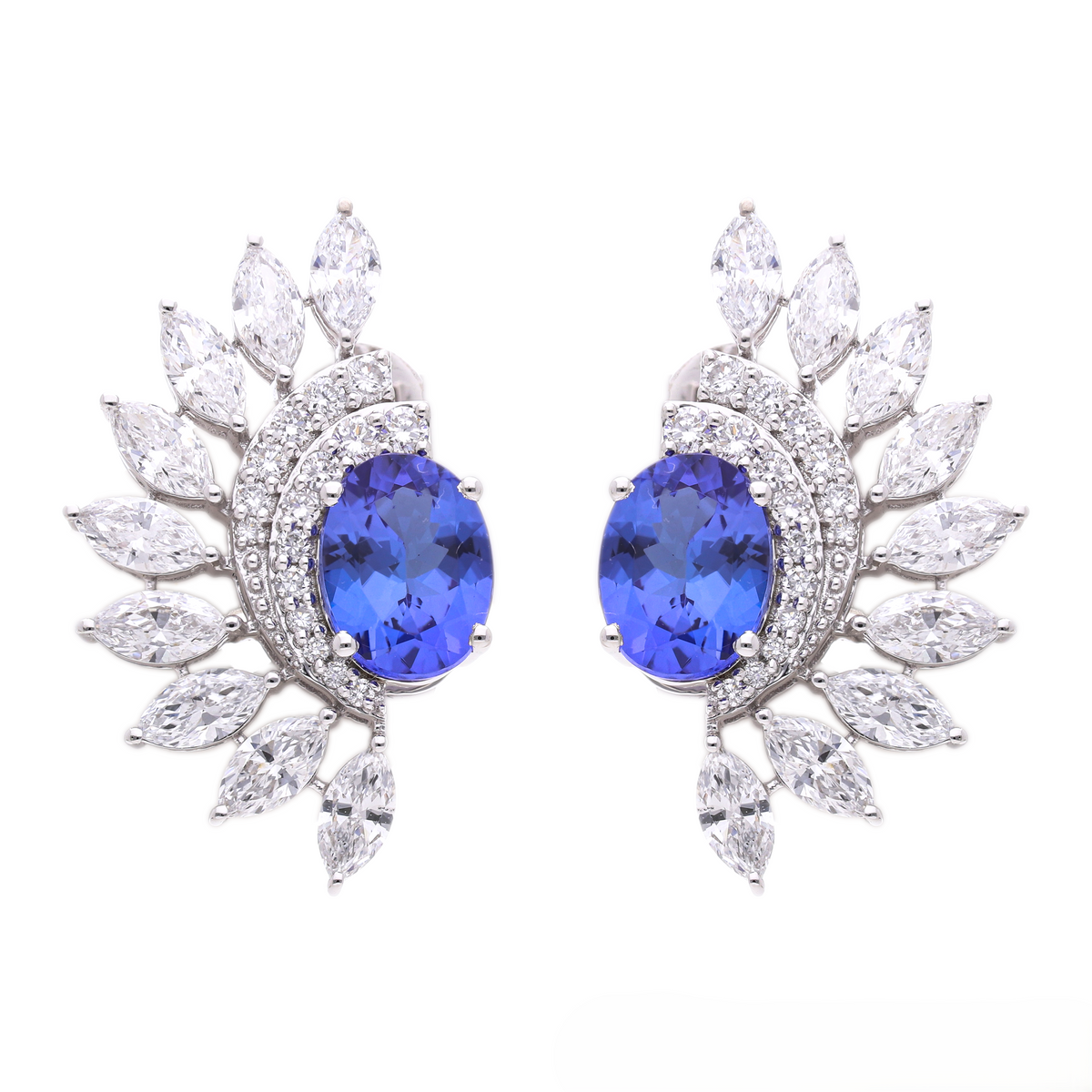 2.50 Ct Tanzanite Oval & 2.50 Ct White Marquise Cut Lab-Grown Diamond Statement Earrings | 14k White / Yellow / Rose Gold