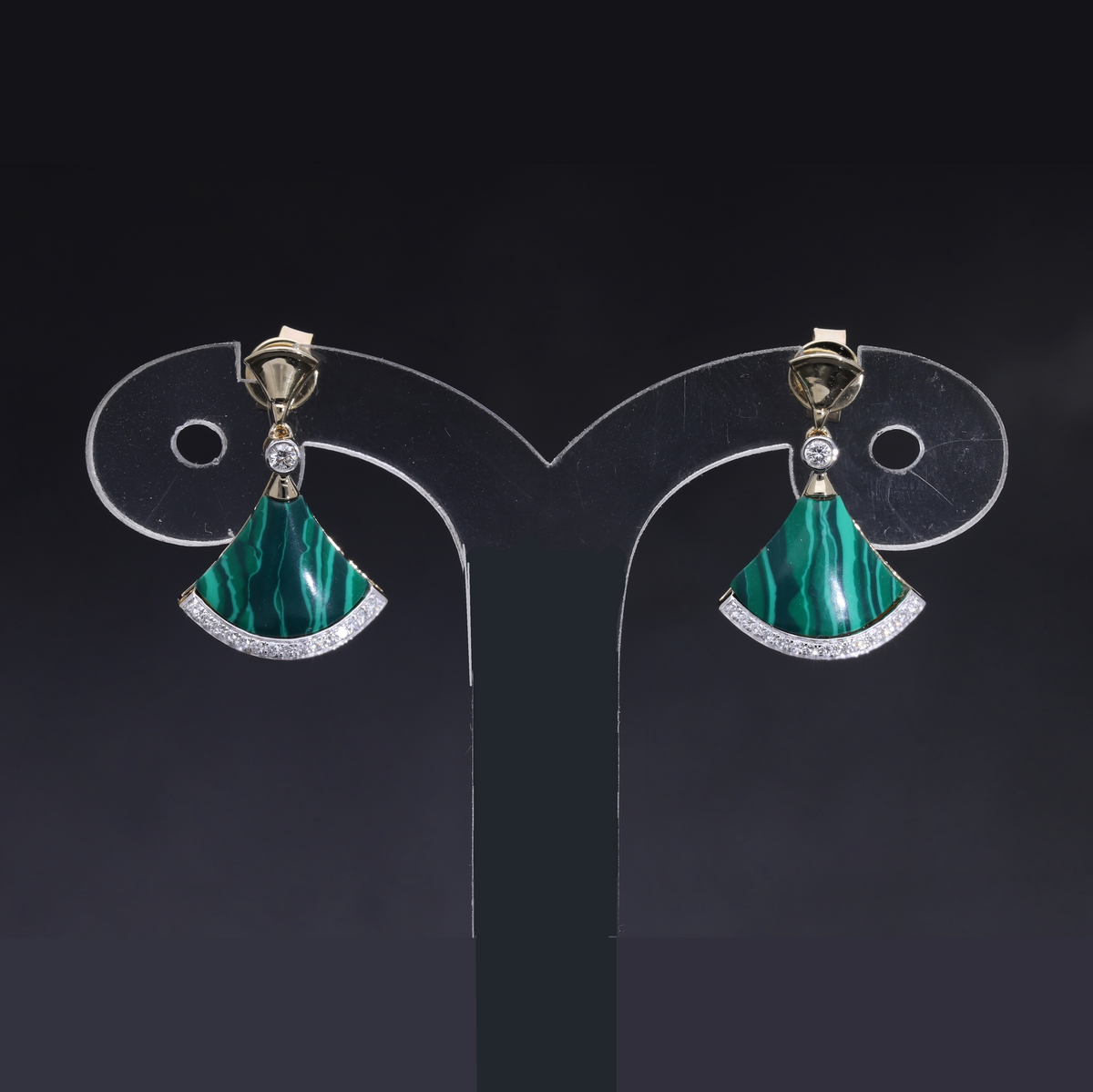 4.40 Ct Synthetic Green Stone & Round Cut Lab-Grown Diamond Fan Drop Earrings | 14k Yellow / White / Rose Gold