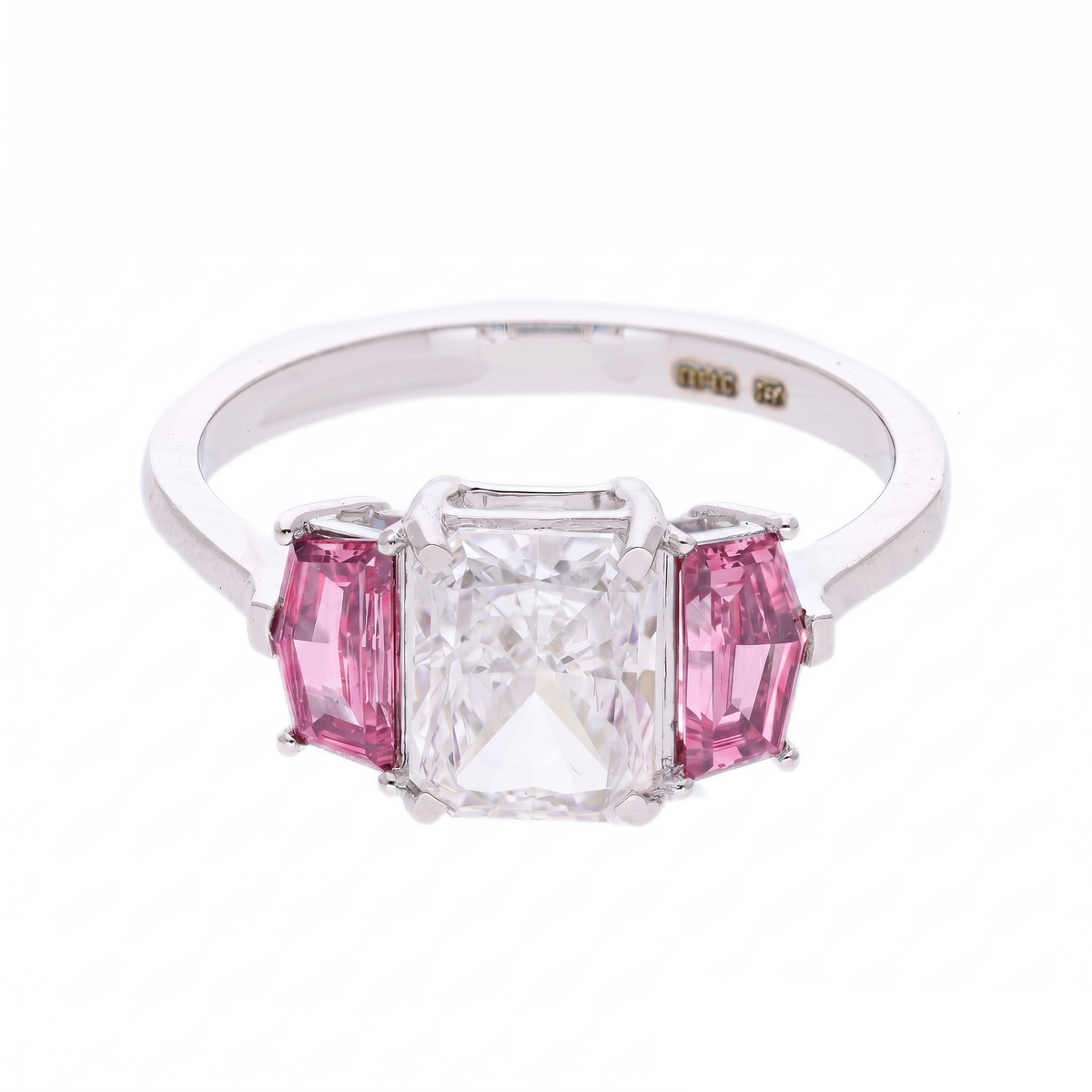 3.90 Ct White Radiant & Blue Cadillac Cut Labgrown Diamond Three-Stone Ring | 14k White / Yellow / Rose Gold