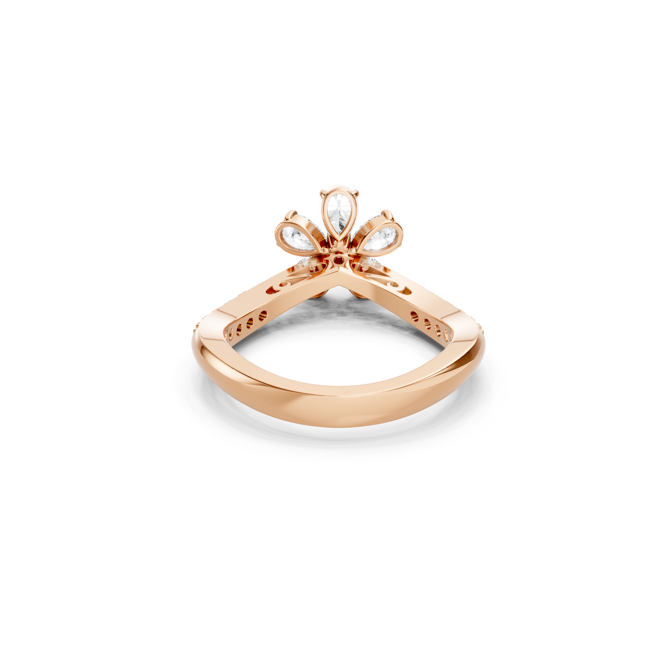 rose gold floral lab grown diamond ring showcasing an open gallery, pear shaped diamond settings, and a polished gold band with a unique geometric design.