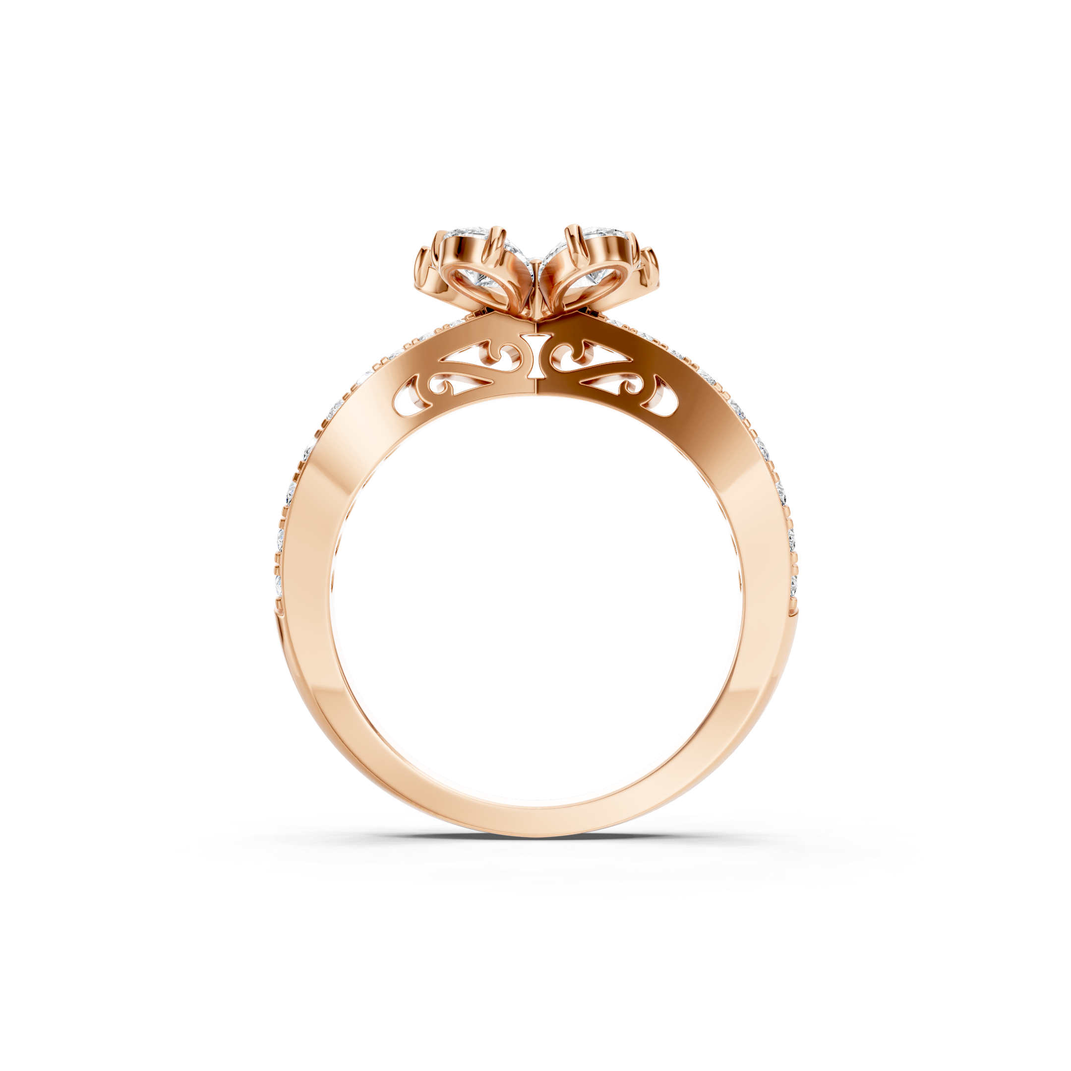 Rose gold floral lab grown diamond ring featuring pear shaped diamonds arranged in a flower design, sparkling round diamond center, and a pavé diamond band, elegant luxury engagement ring for women.