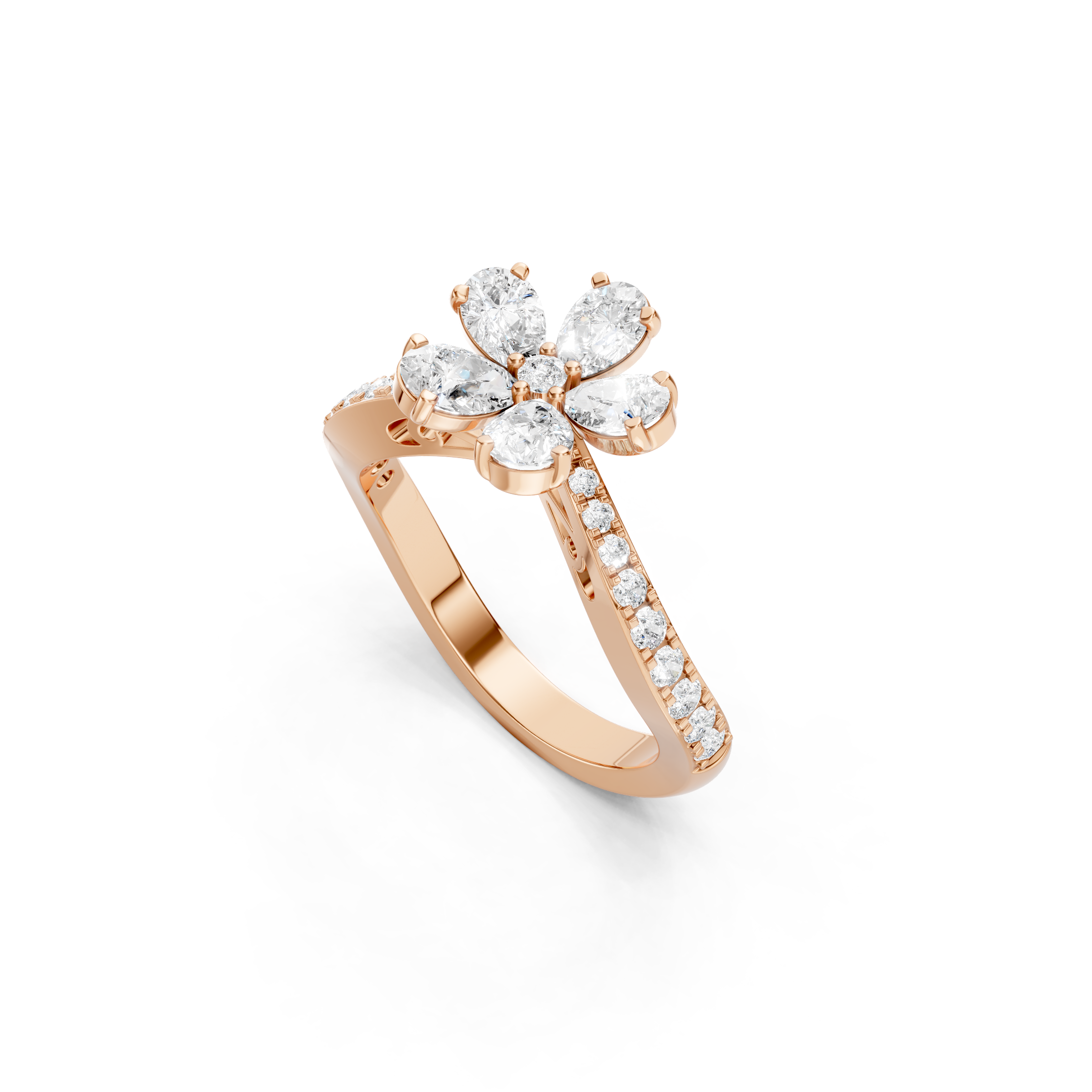 rose gold flower diamond ring with pear cut lab grown diamonds, a floral cluster setting, and a diamond accented band, showcasing elegant craftsmanship and luxury bridal jewelry.