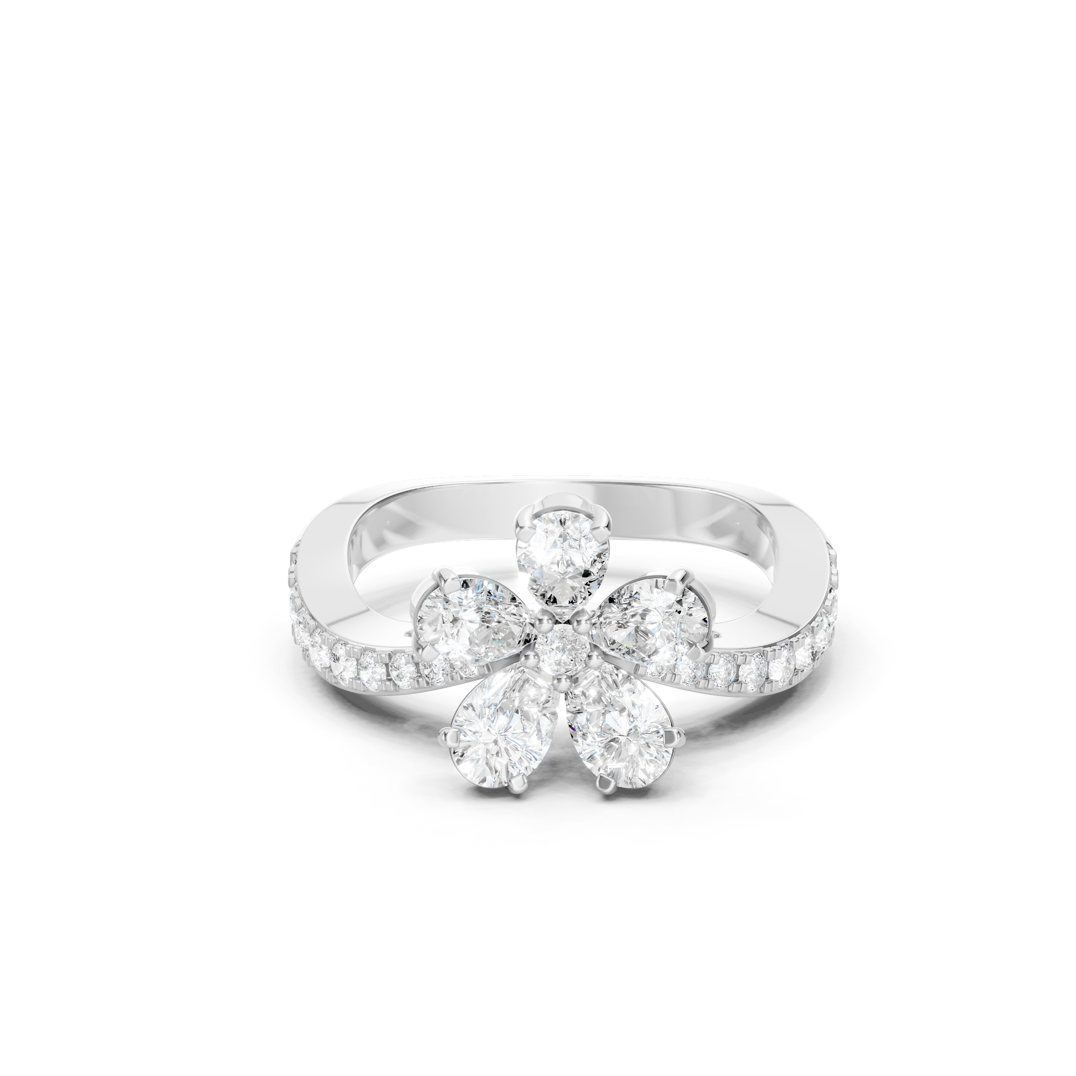 White gold floral lab grown diamond ring featuring pear shaped diamonds arranged in a flower design, round diamond accents, and a sparkling pavé diamond band, elegant luxury jewelry for women.