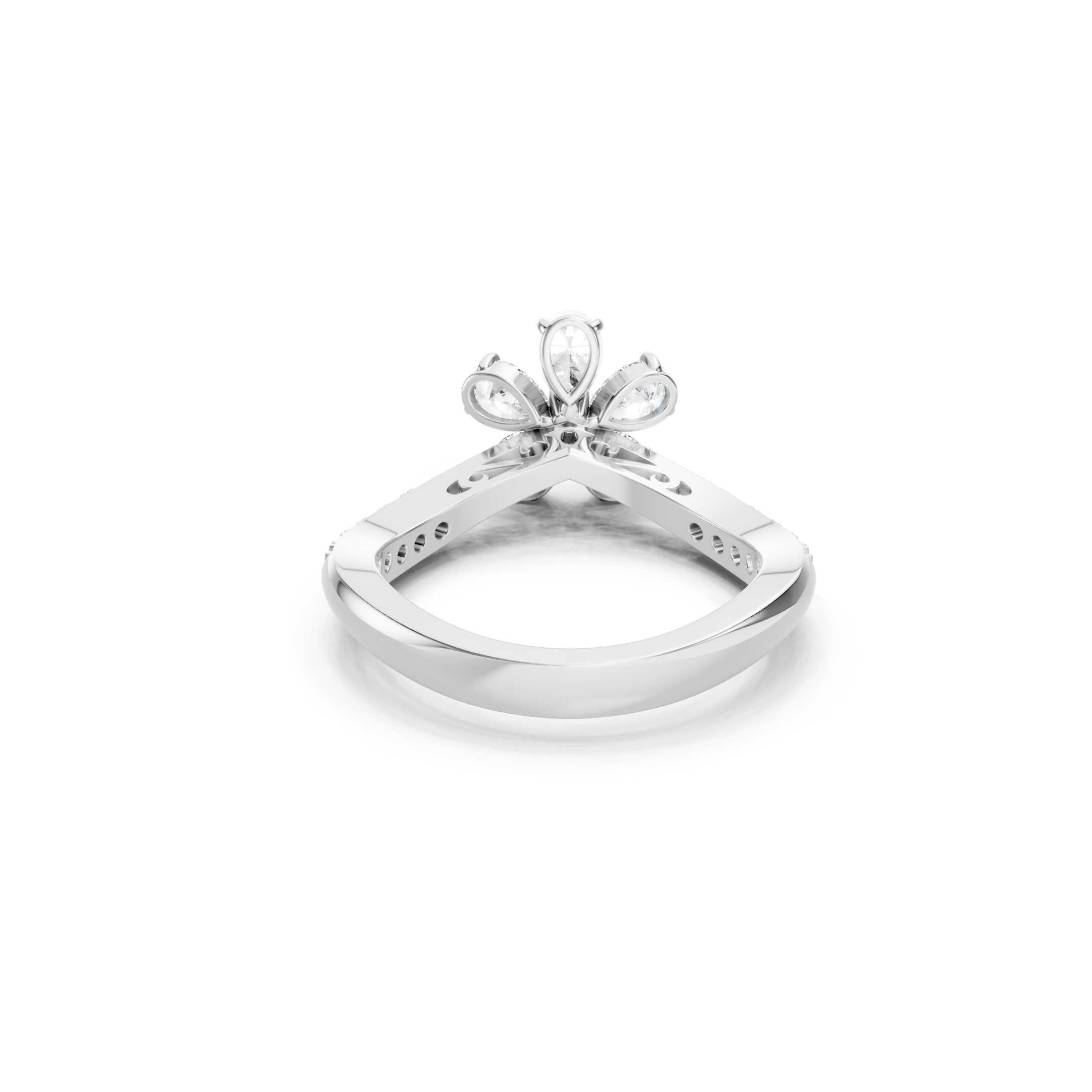 white gold floral lab grown diamond ring showcasing an open gallery, pear shaped diamond settings, and a polished band with a distinctive geometric design.