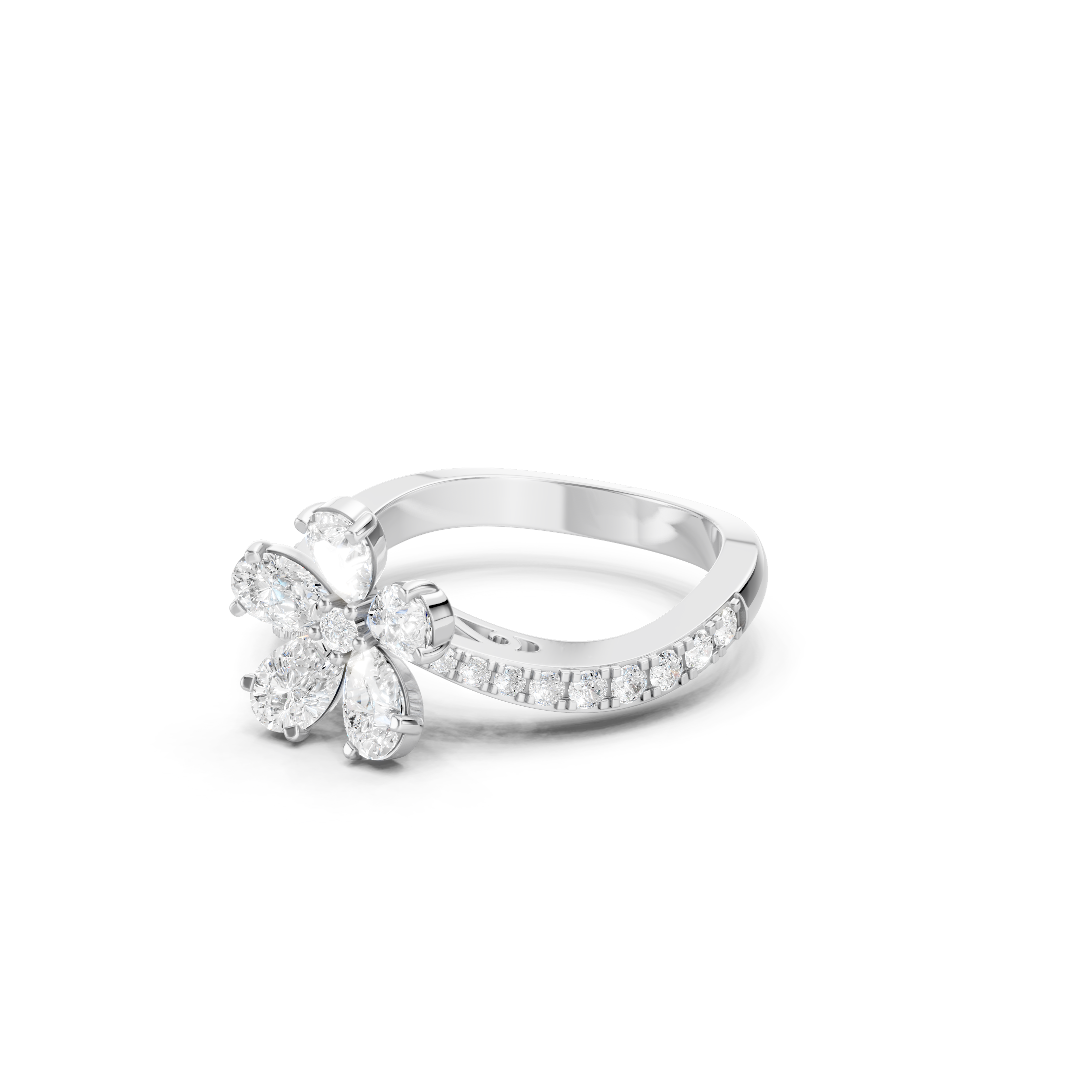 White gold floral lab grown diamond ring featuring pear shaped diamonds arranged in a flower design, round diamond accents, and a sparkling pavé diamond band, elegant luxury jewelry for women.