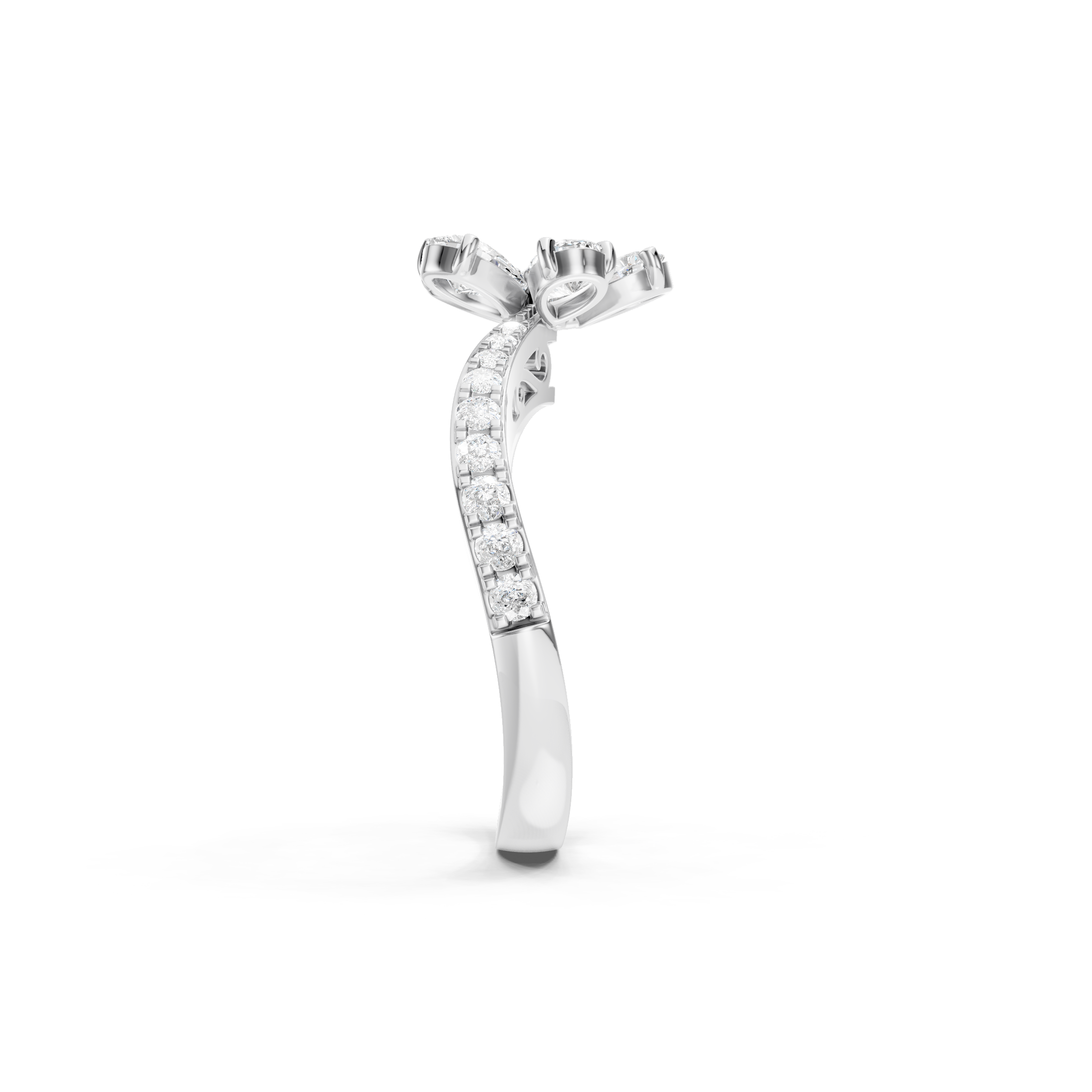 White gold floral lab grown diamond ring featuring pear shaped diamonds arranged in a flower design, round diamond accents, and a sparkling pavé diamond band, elegant luxury jewelry for women.