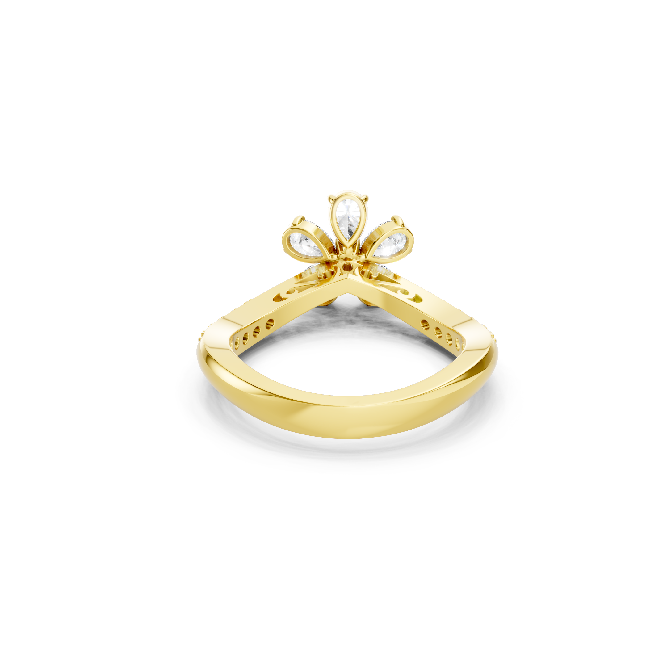 yellow gold floral lab grown diamond ring showcasing the open gallery, pear shaped diamond settings, and a polished gold band with a distinctive geometric design.