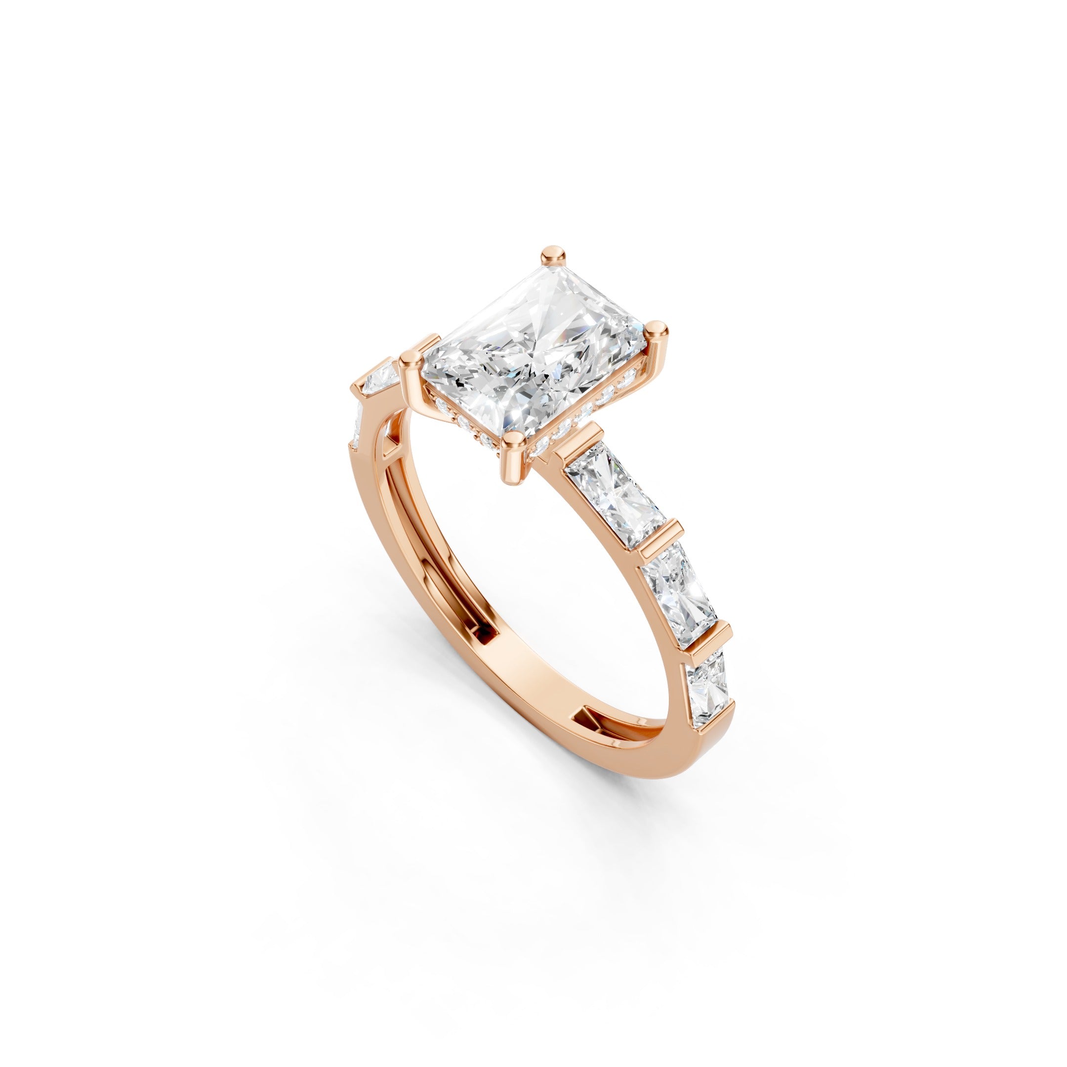  14K Gold Radiant Cut Lab Grown Diamond Engagement Ring, Baguette Diamond Ring 