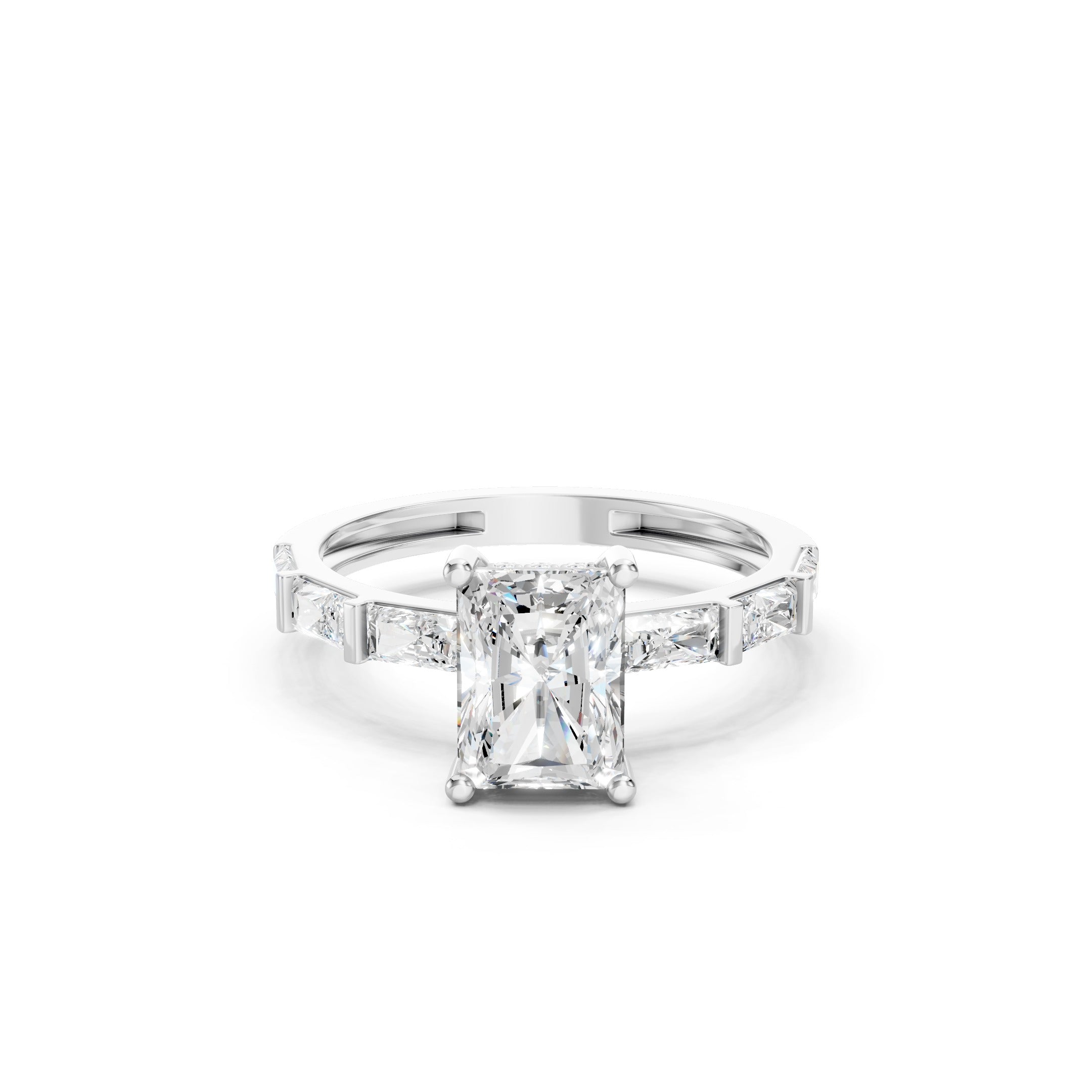  14K Gold Radiant Cut Lab Grown Diamond Engagement Ring, Baguette Diamond Ring 