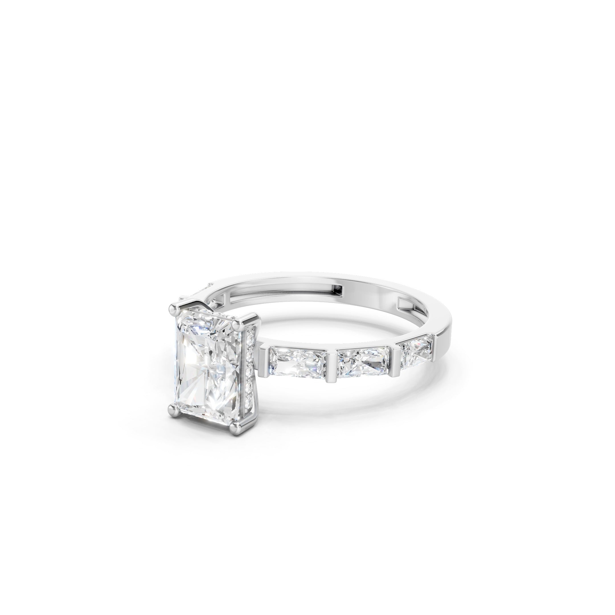  14K Gold Radiant Cut Lab Grown Diamond Engagement Ring, Baguette Diamond Ring 