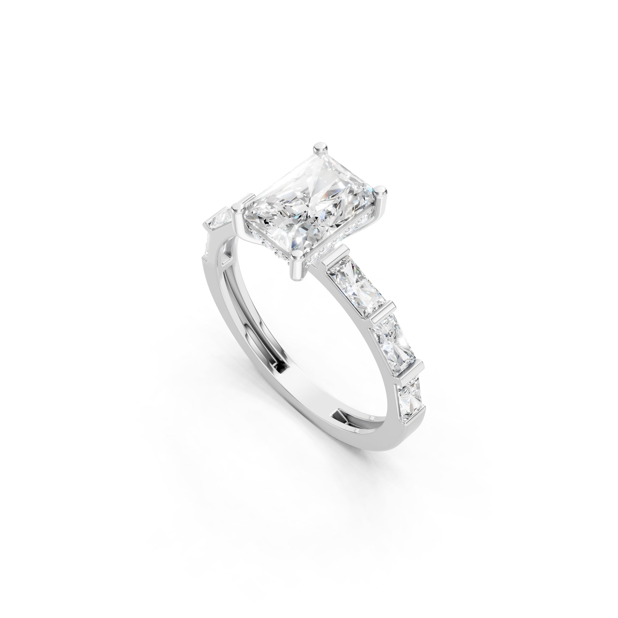  14K Gold Radiant Cut Lab Grown Diamond Engagement Ring, Baguette Diamond Ring 
