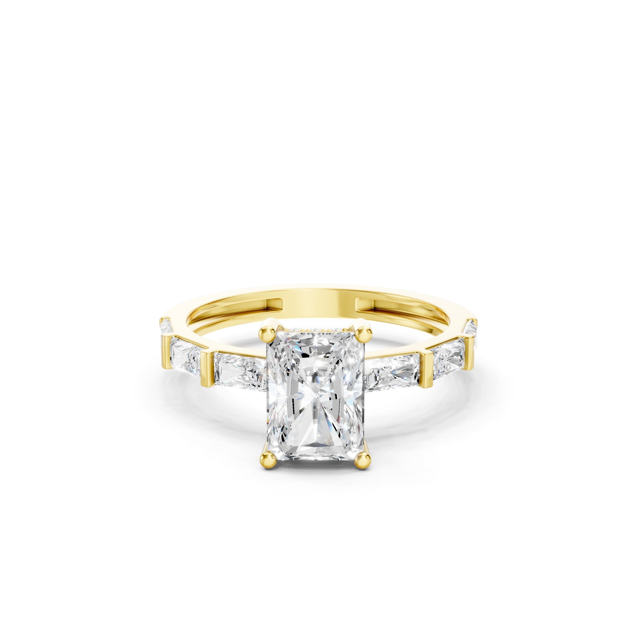  14K Gold Radiant Cut Lab Grown Diamond Engagement Ring, Baguette Diamond Ring 