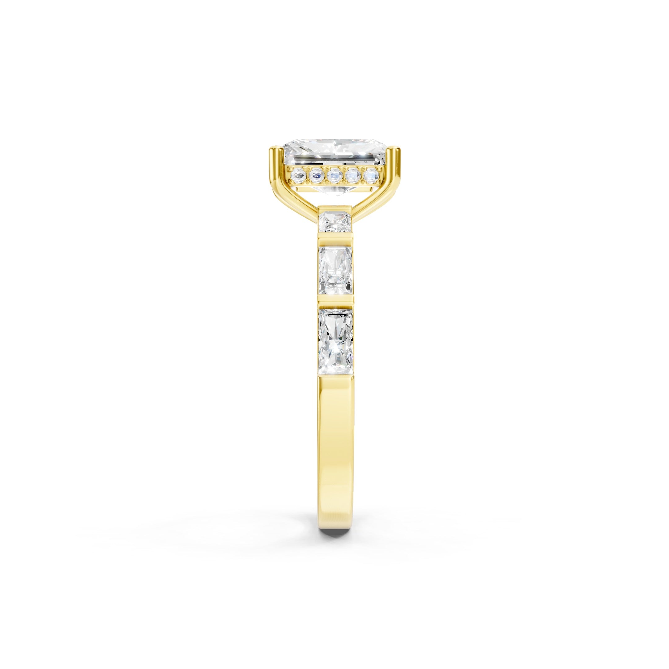  14K Gold Radiant Cut Lab Grown Diamond Engagement Ring, Baguette Diamond Ring 
