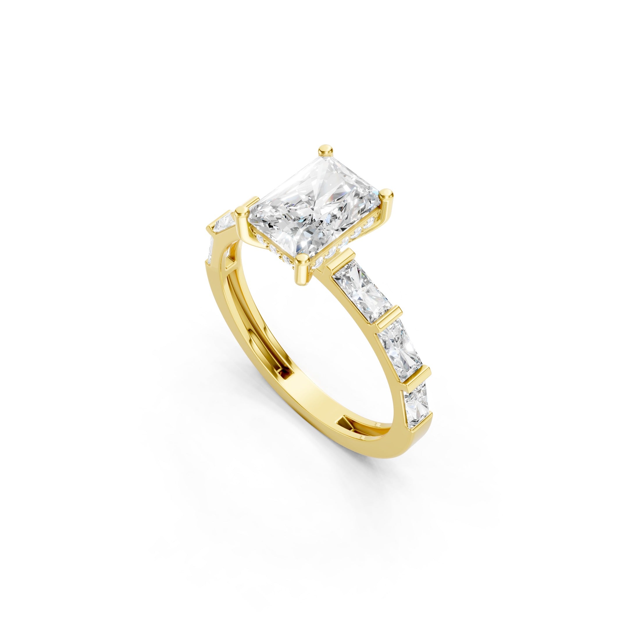  14K Gold Radiant Cut Lab Grown Diamond Engagement Ring, Baguette Diamond Ring 