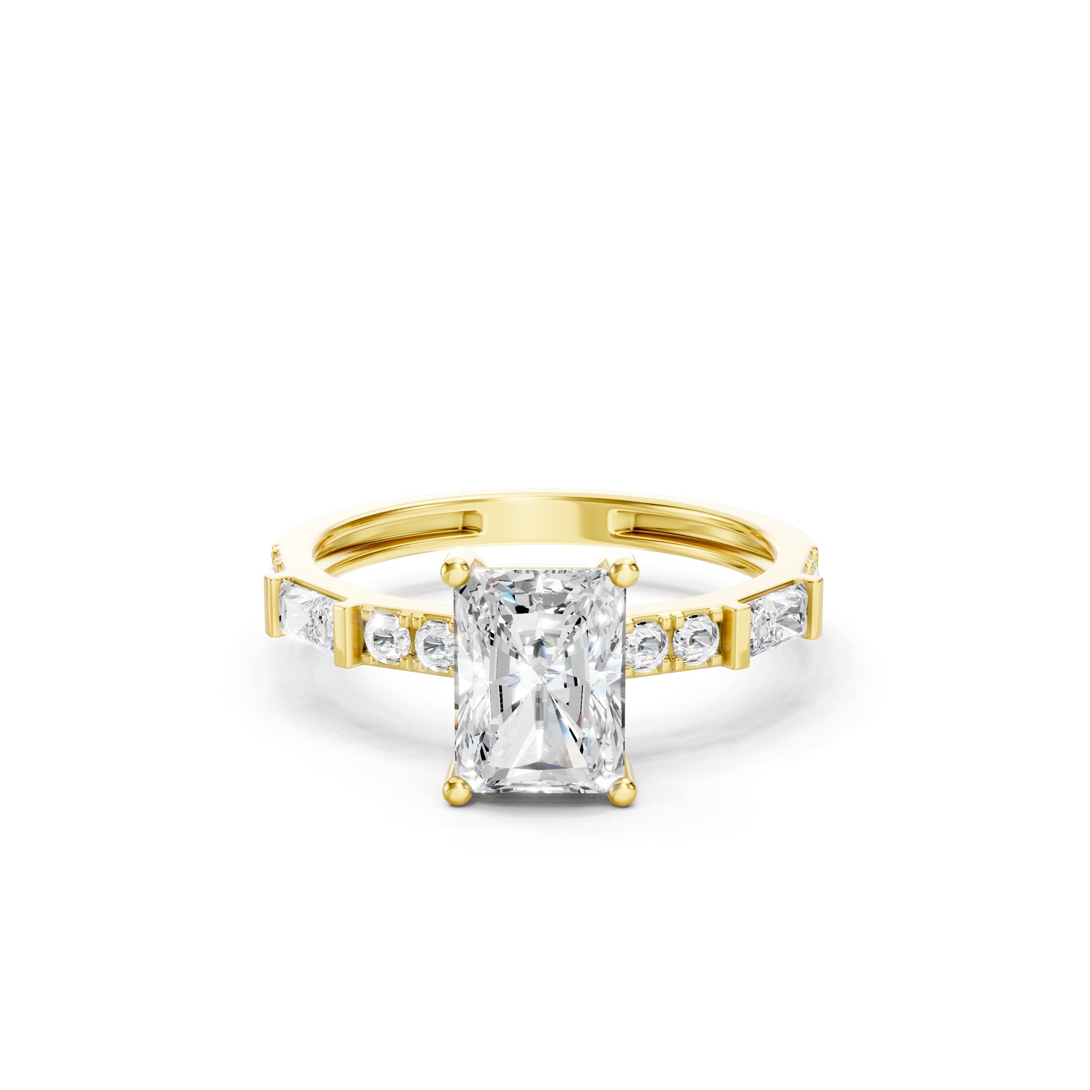 14K Radiant Cut Lab Grown Diamond Baguette and Round Diamond Engagement Ring