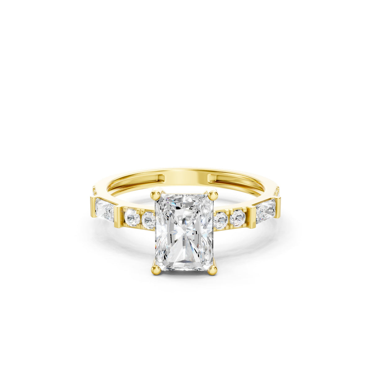 14K Radiant Cut Lab Grown Diamond Baguette and Round Diamond Engagement Ring