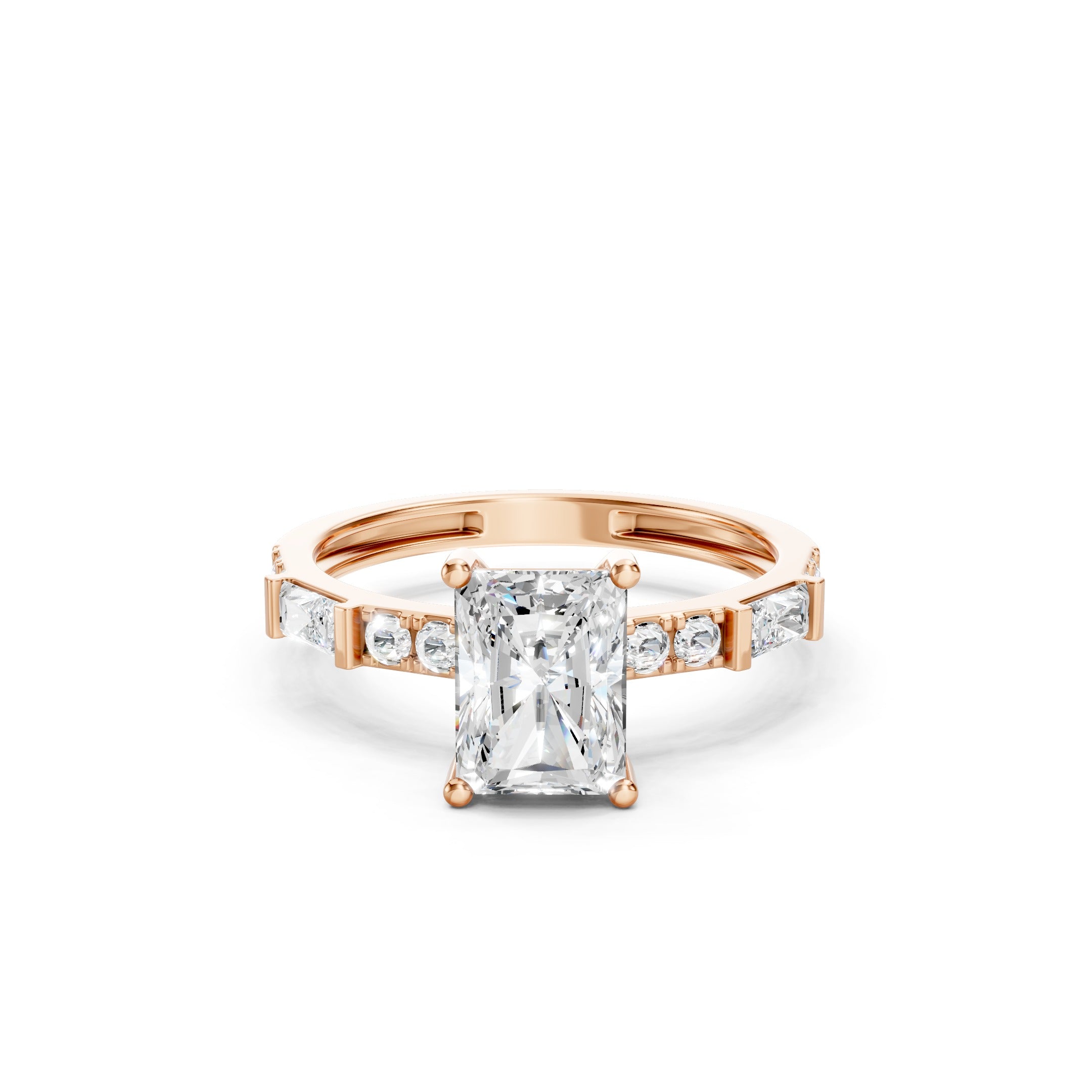 14K Radiant Cut Lab Grown Diamond Baguette and Round Diamond Engagement Ring