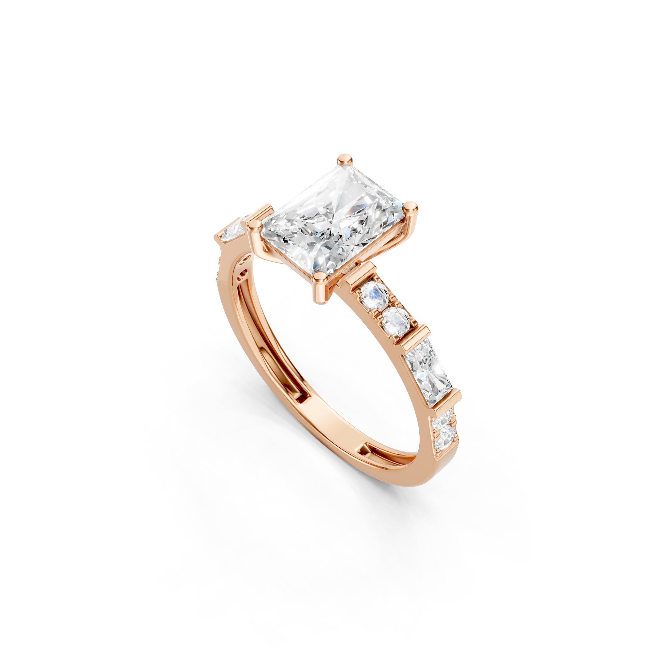 14K Radiant Cut Lab Grown Diamond Baguette and Round Diamond Engagement Ring