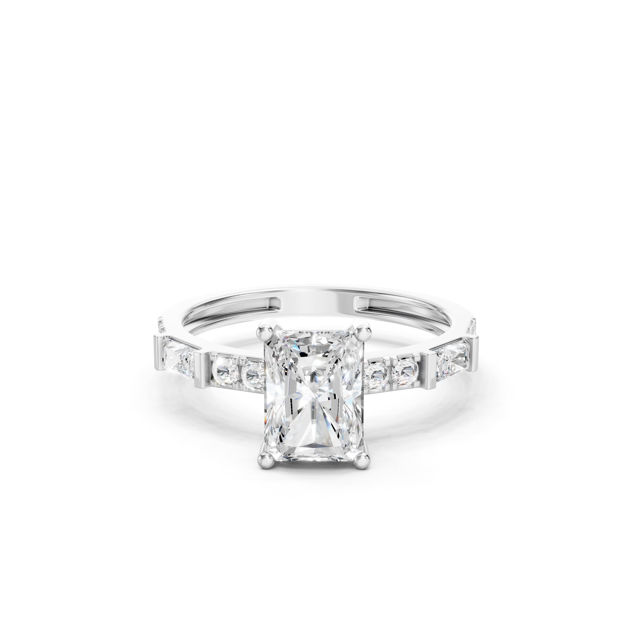 14K Radiant Cut Lab Grown Diamond Baguette and Round Diamond Engagement Ring