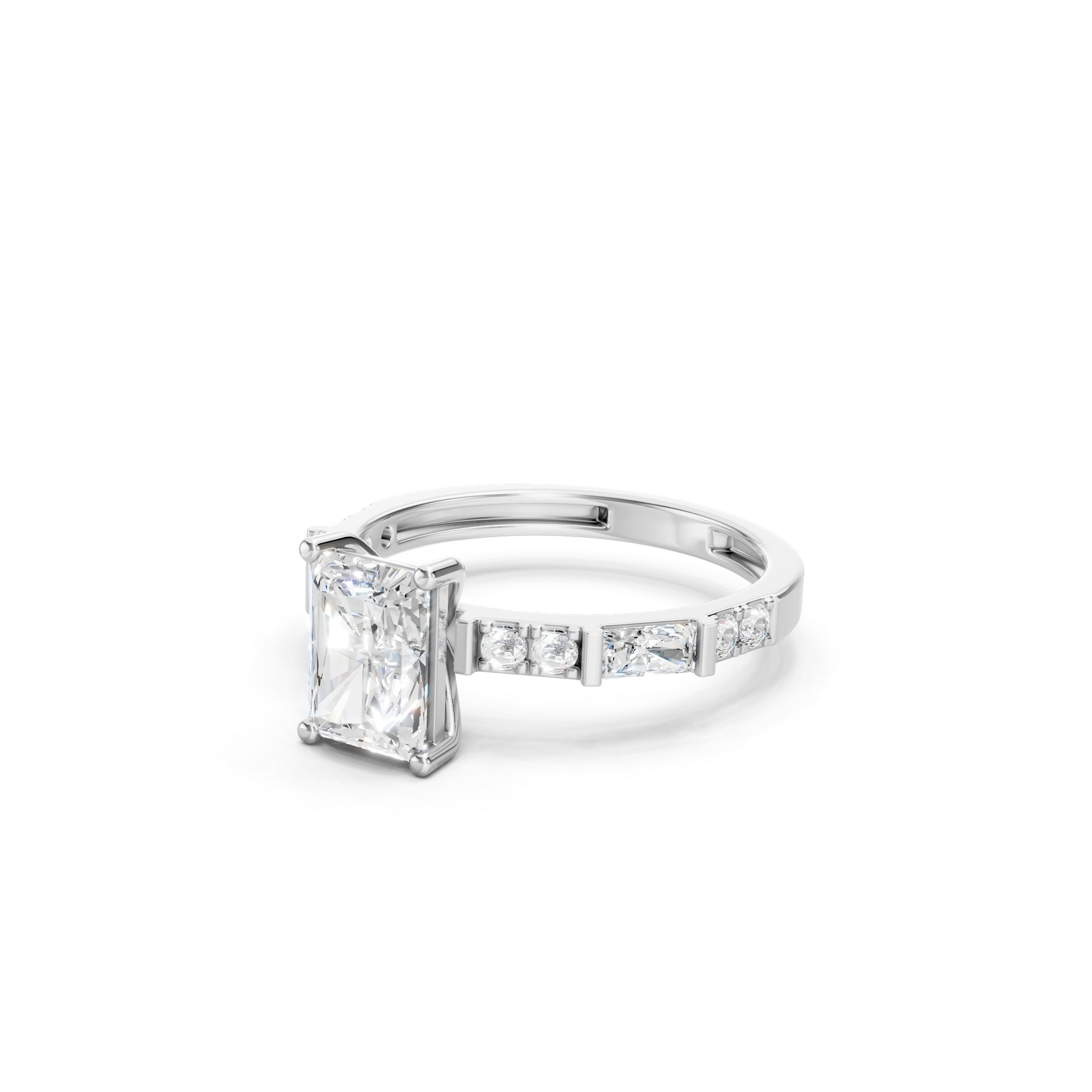 14K Radiant Cut Lab Grown Diamond Baguette and Round Diamond Engagement Ring
