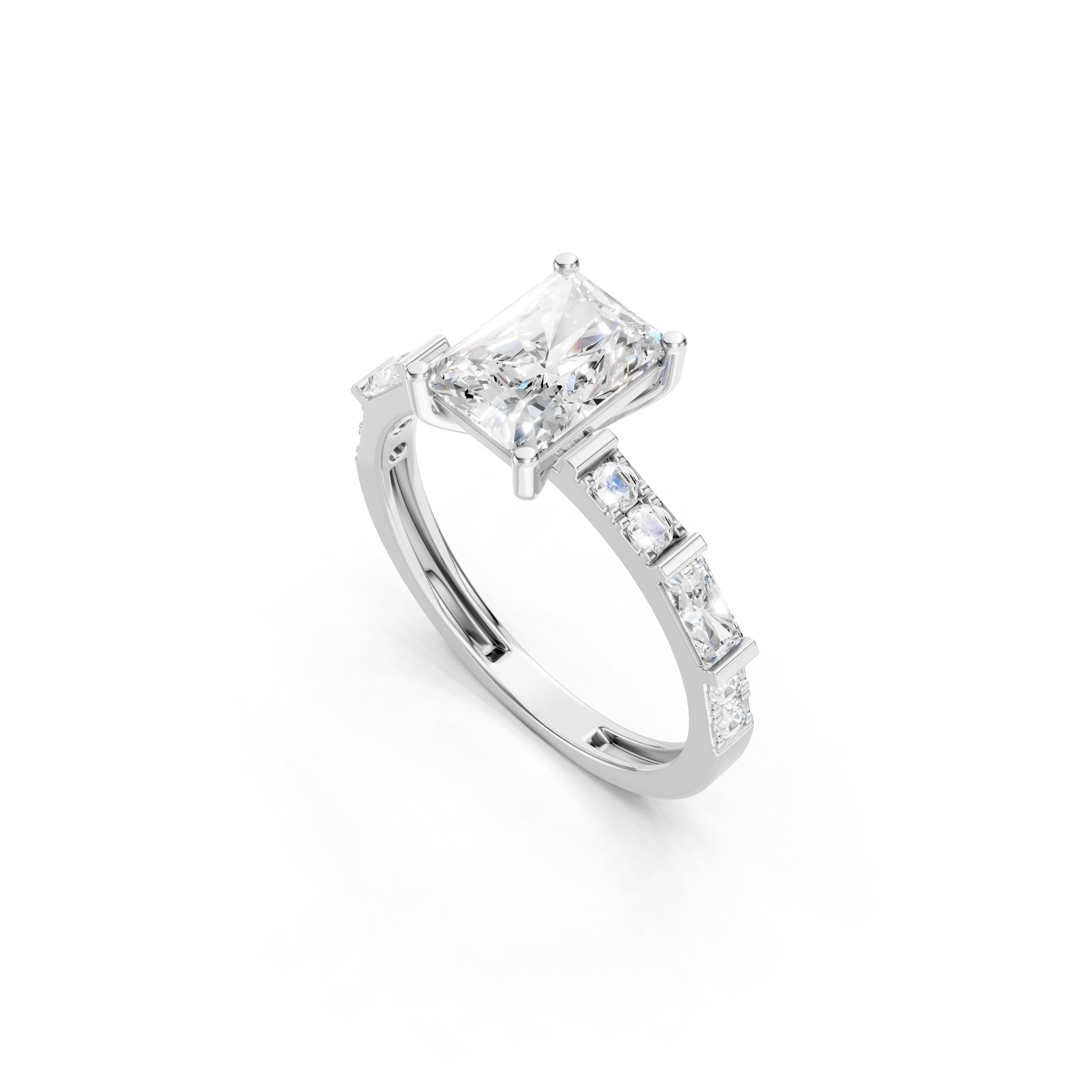 14K Radiant Cut Lab Grown Diamond Baguette and Round Diamond Engagement Ring