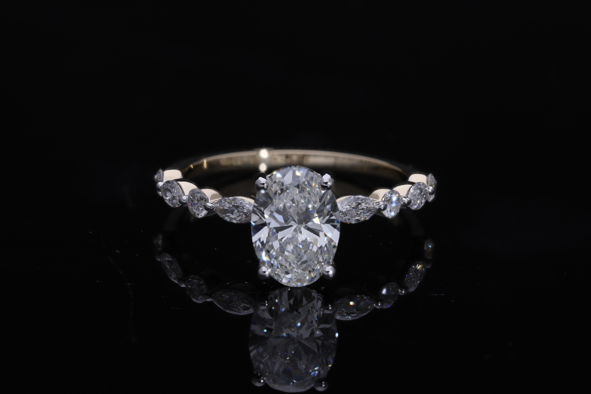 14kt Yellow Gold With Oval Diamond centre Marquise and Brilliant Round lab grown Diamond Engagement Ring (Copy)