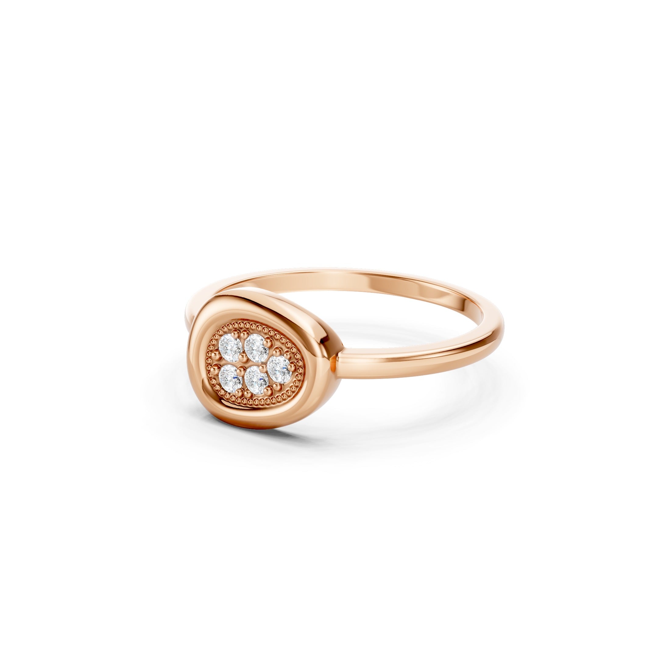 Side-angle view of a rose gold oval cluster diamond ring with five sparkling round-cut diamonds, a raised beaded bezel setting, and a slim polished gold band.