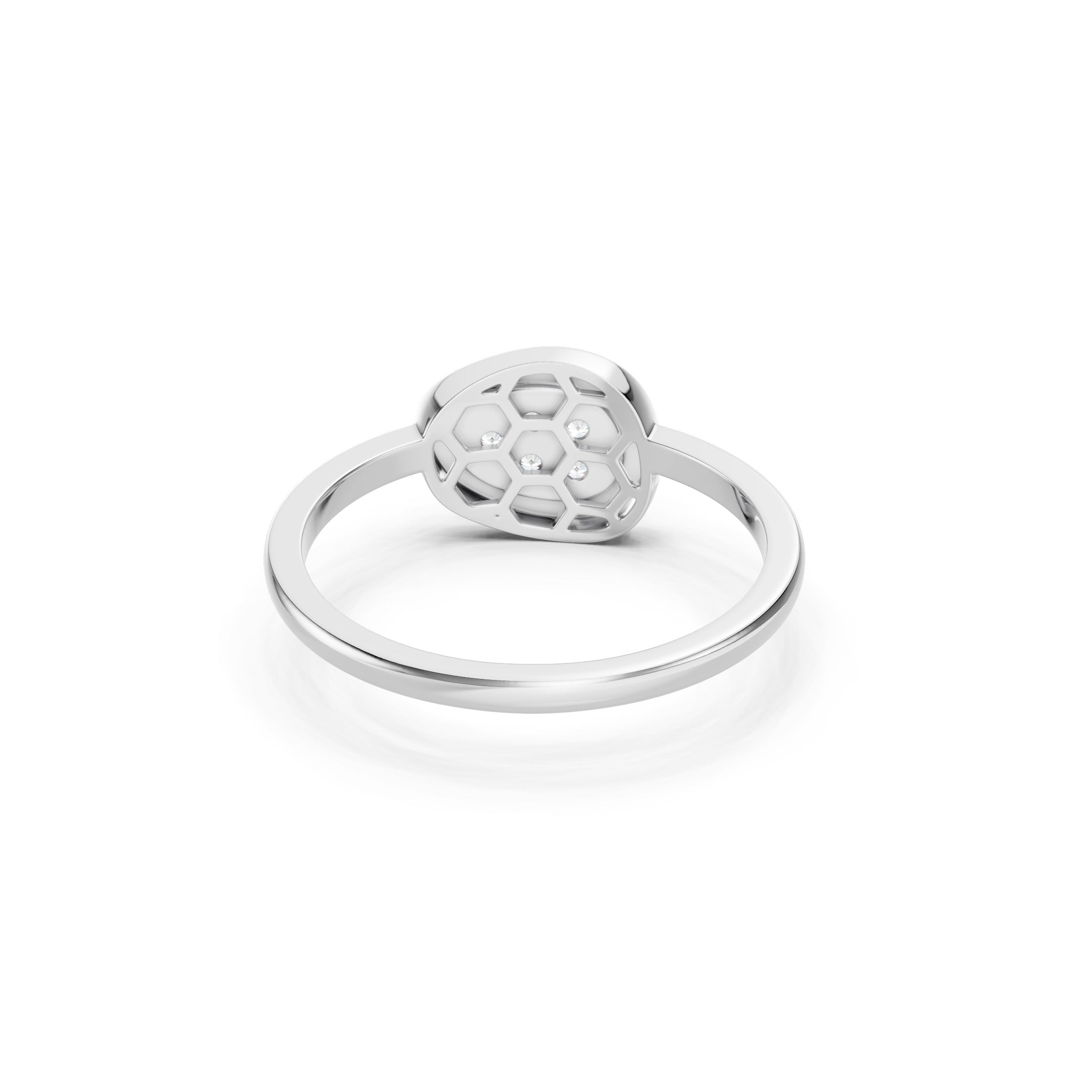 Rear view of a white gold diamond cluster ring showcasing an open honeycomb gallery beneath five round-cut diamonds and a sleek polished band.