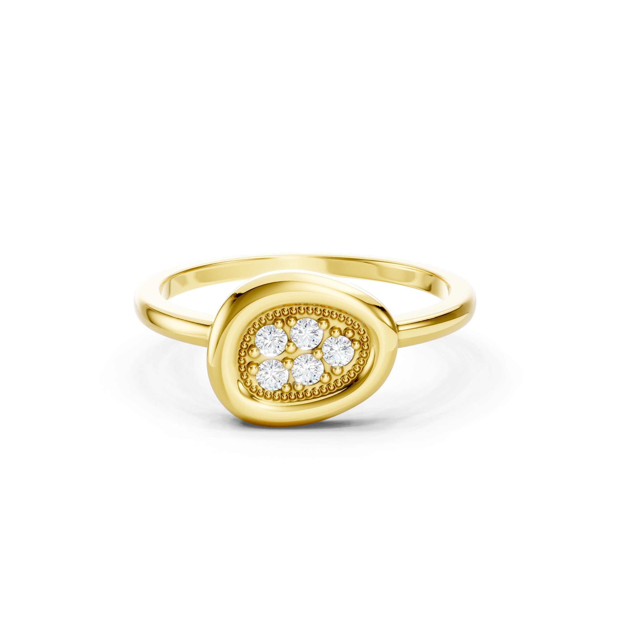 Yellow gold oval cluster diamond ring featuring five round-cut diamonds surrounded by a decorative beaded halo and a polished gold band.
