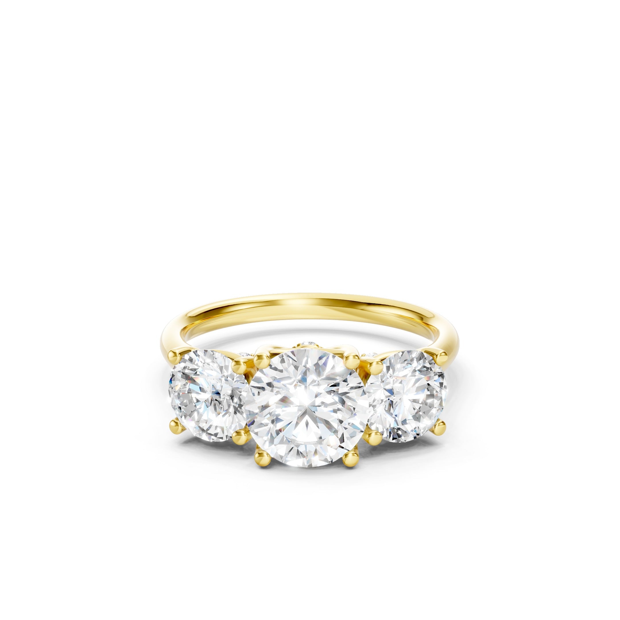 Yellow gold three stone lab grown diamond engagement ring with round cut center diamond and matching side stones in a classic prong setting.