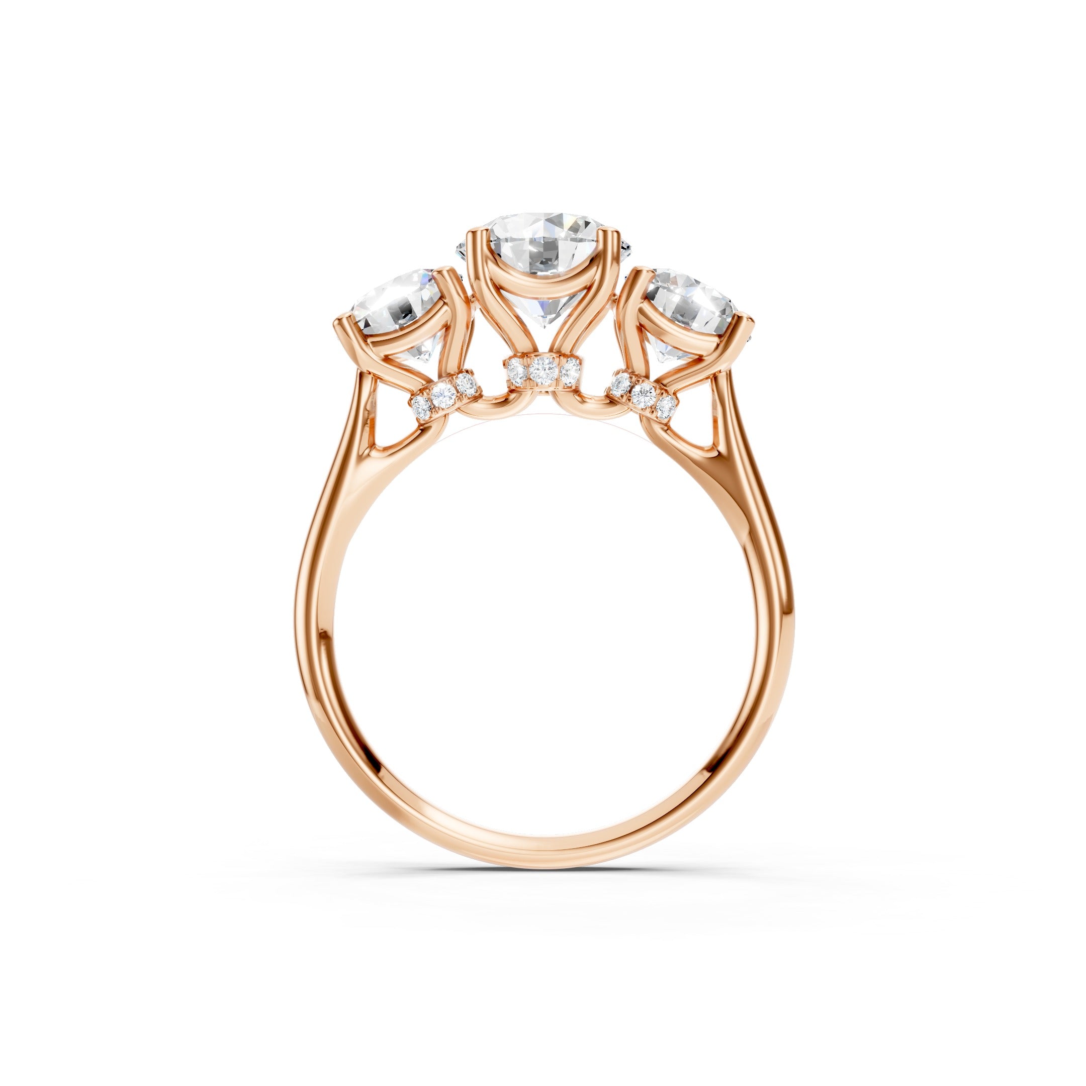 Rose gold three stone lab grown diamond engagement ring featuring a brilliant round cut center diamond, two matching round side diamonds, and an elegant prong setting.
