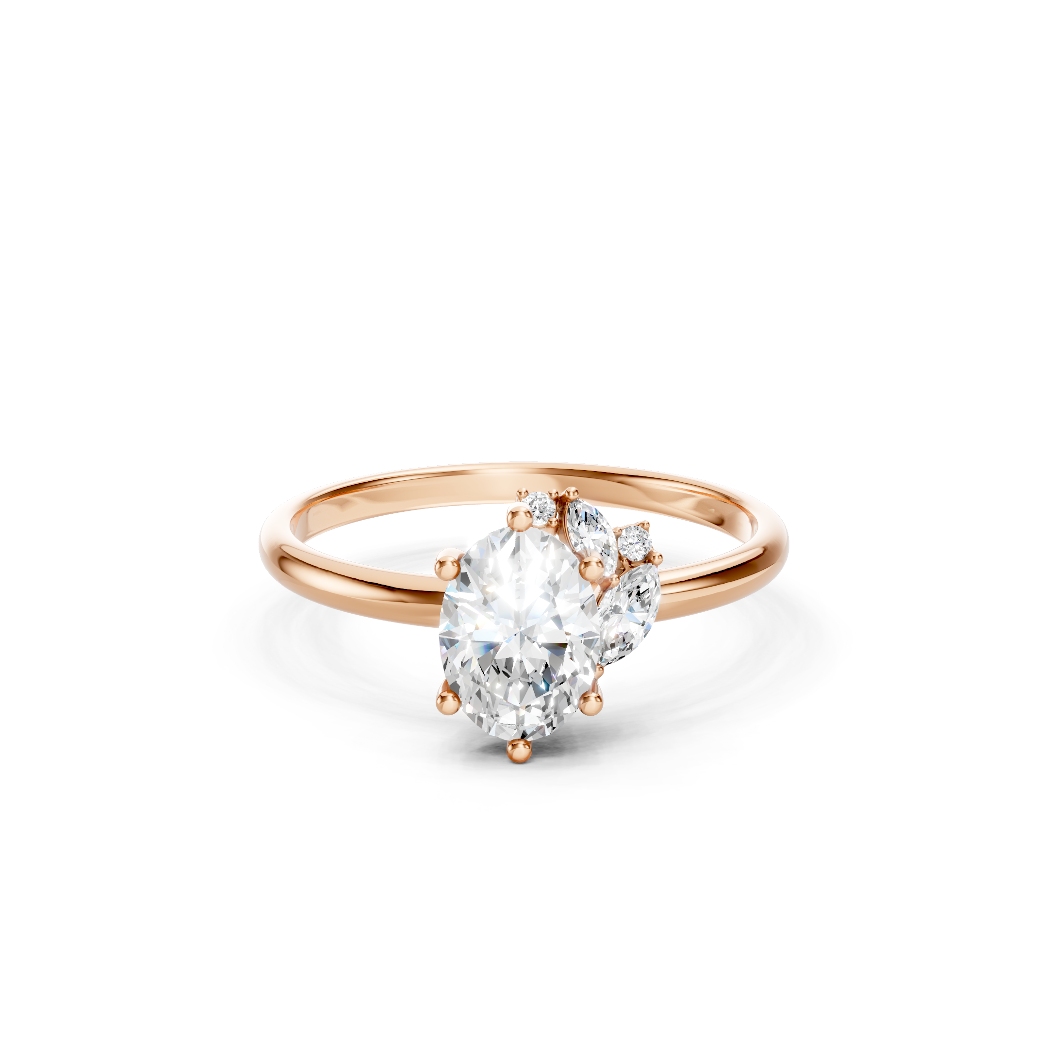Oval Cut Lab Grown Diamond Engagement Ring in 14K Rose Gold with Marquise and Round Diamond Side Stones, Elegant Bridal Ring for Her