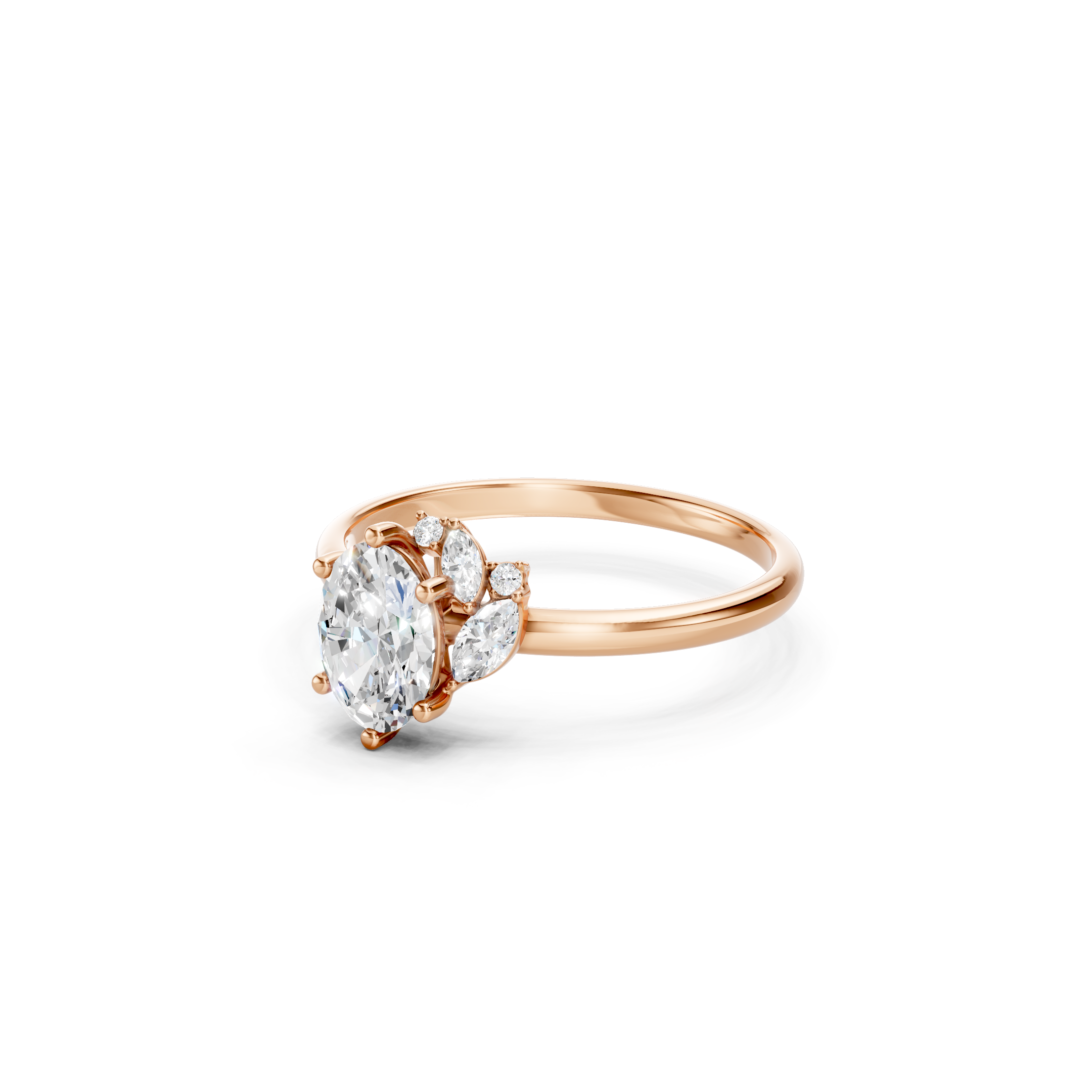 Oval Cut Lab Grown Diamond Engagement Ring in 14K Rose Gold with Marquise and Round Diamond Side Stones, Elegant Bridal Ring for Her